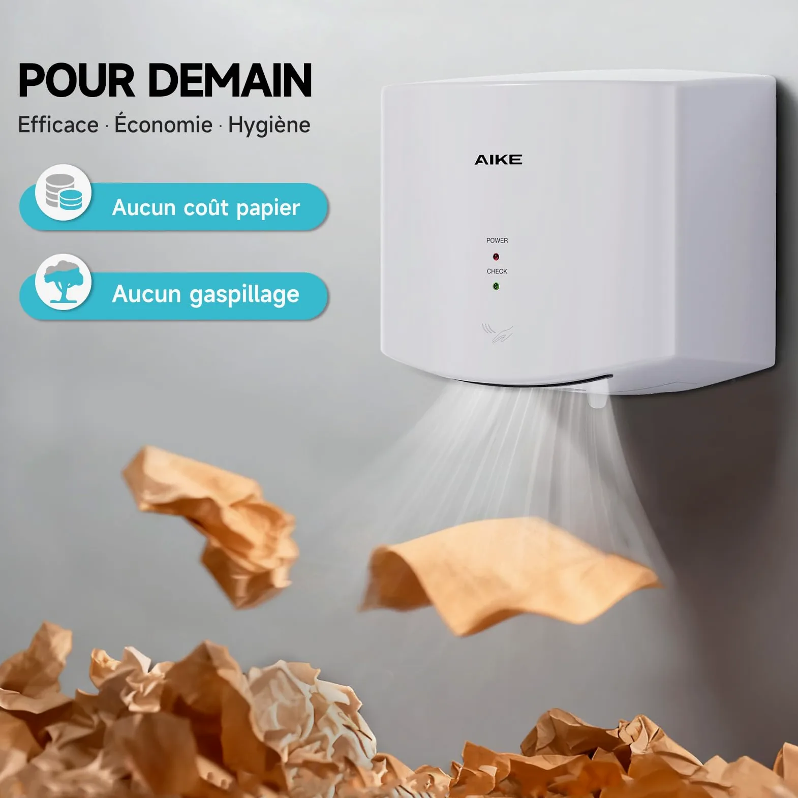 AIKE Air Wiper Sèche-Mains Compact, Séchage Rapide, 1400W 220V, Branchez & Utilisez, sans Papier & sans Contact pour Sanitaires Publics, AK2630S (Blanc)