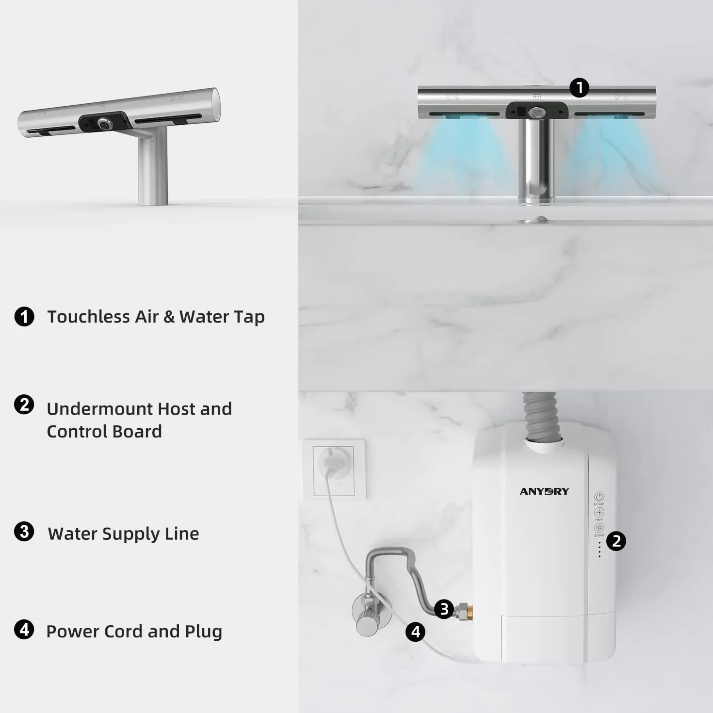 anydry 7120 Robinet Sèche-Mains Lavage et séchage Automatique en Un Seul Robinet Sèche-Mains Brossé