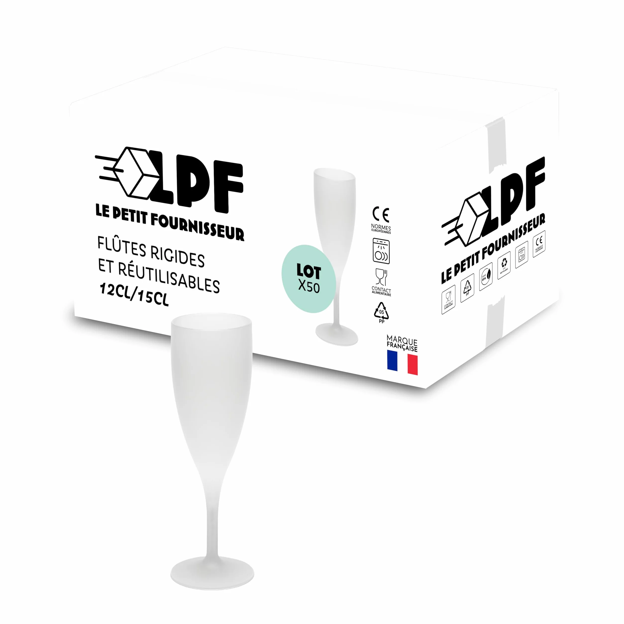 LPF LE PETIT FOURNISSEUR - Lot de 50 Flûtes à champagne réutilisables 12cl (15cl max) - Polypropylène plastique alimentaire - Verre à champagne durable - Compatible lave-vaisselle - Couleur givrée