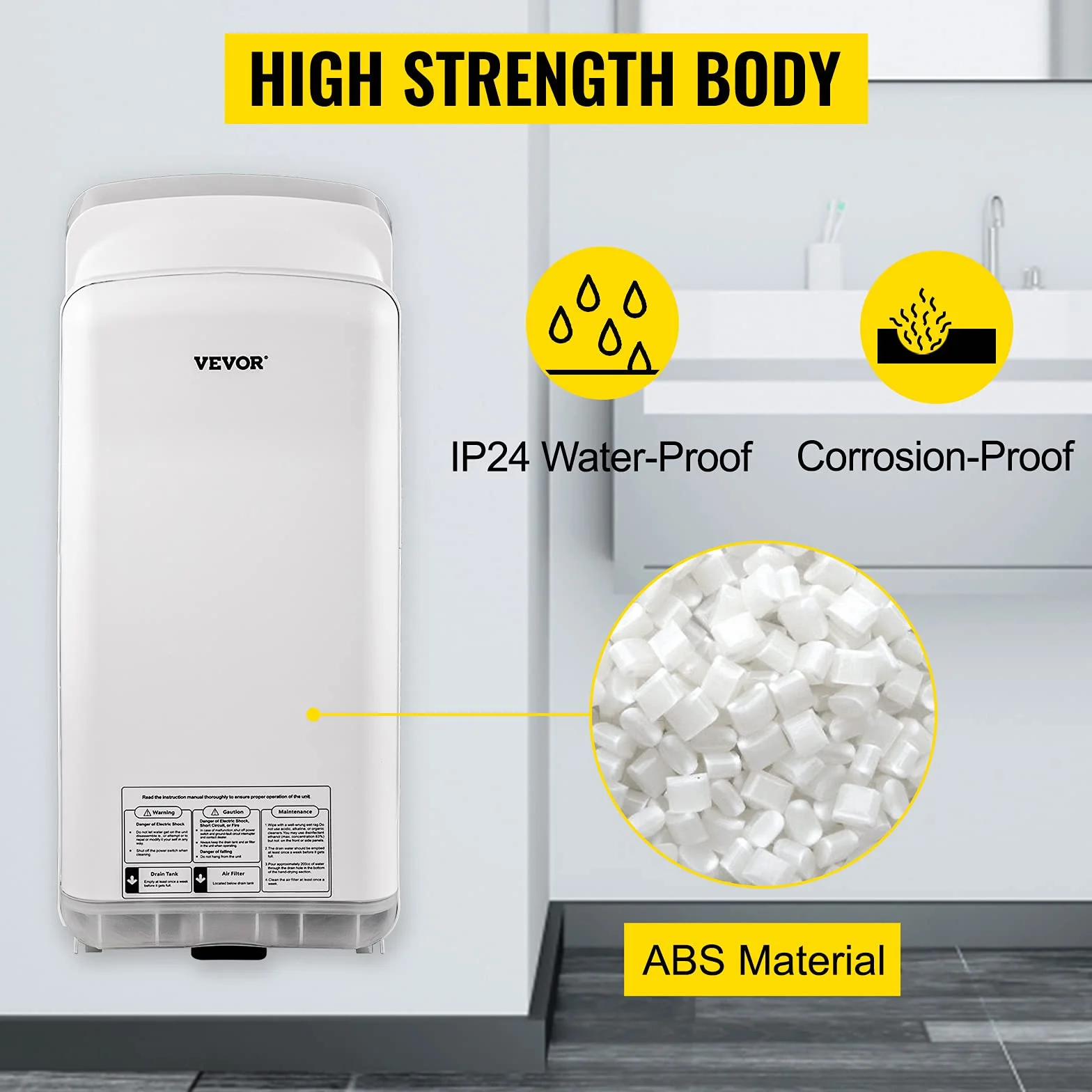 VEVOR Sèche-Mains Automatique 2000W Sèche Main Air Pulsé Électrique Commercial ABS Super Puissant Filtration HEPA 43℃ Moteur à Balais Carbone pour Sécher Séchage Mains Toilettes 290x220x685 mm Blanc