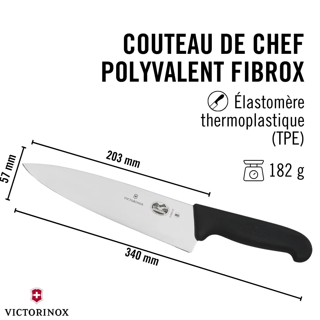 Victorinox Fibrox Couteau de chef, Large couteau universel pour viande, poisson, légumes et herbes, 20 cm, Lame lisse, Tranchant, Inox, Noir