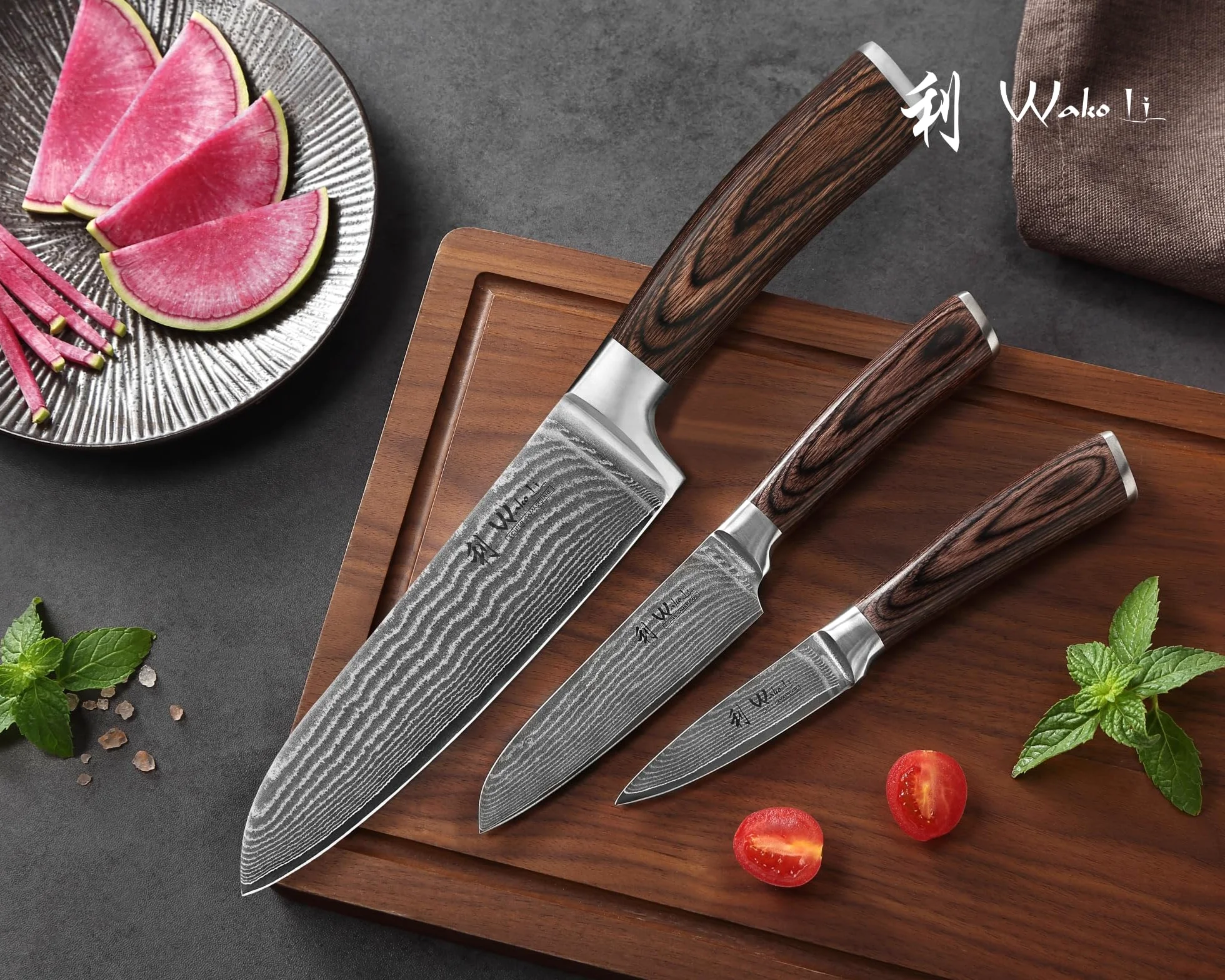Wakoli Edib Set de 3 couteaux en Damas I Lames en acier damassé à 67 couches avec noyau VG10 et manches en bois de pakka I Couteaux de cuisine professionnels & couteaux damassés dans une boîte en bois