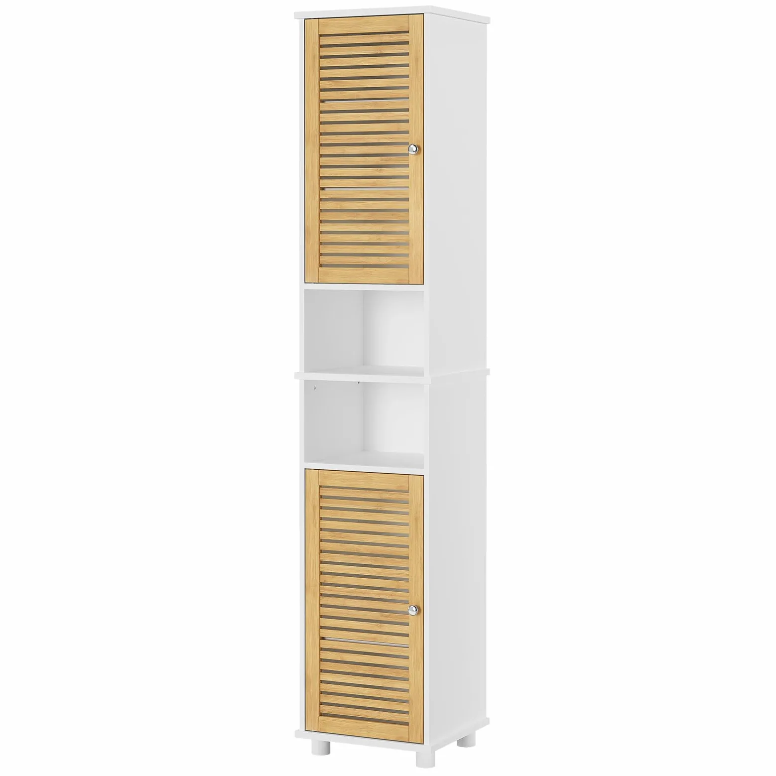 Meuble Colonne Salle de Bain, Armoire de Salle de Bain Haute avec 2 Étagères Ouvertes et 2 Portes en Bambou，Meuble pour Salon, WC, Cuisine, Entrée, 30 × 32 ×190 CM