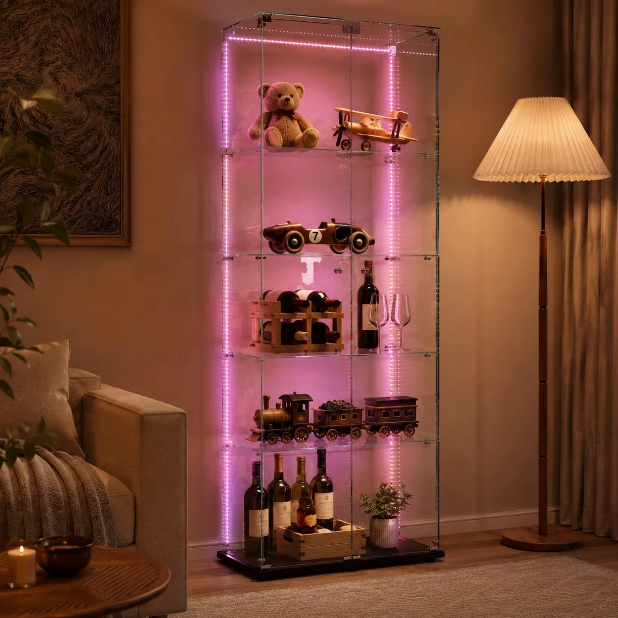 Vitrine en Verre avec LED,Armoire vitrine pour Collection avec 2 Porte 5 étagères Transparent Meuble Vitrine Verre vitrines Figurine Armoire Salon Bar (5 étages 2 Porte+LED-1, Noir)