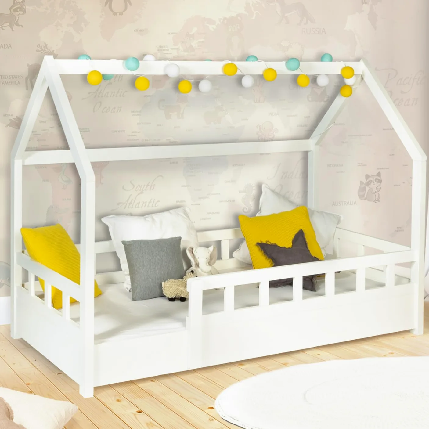 IDMarket - Lit cabane Enfant 80 x 160 CM NEREE Blanc avec sommier et barrières