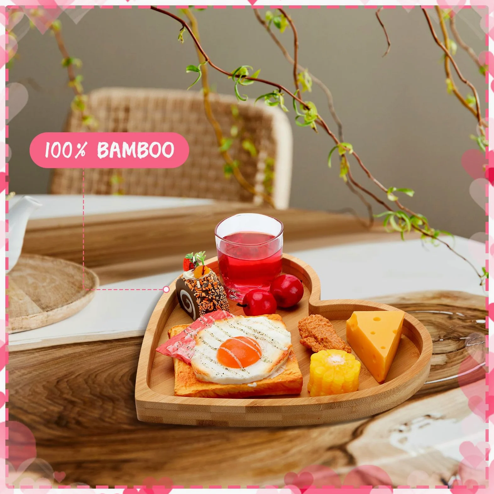 Teling Lot de 2 plateaux de service en bambou avec 5 rainures, planche à charcuterie, à bonbons, cadeaux pour le printemps, les vacances, les fêtes d'anniversaire, 25,4 à 27,9 cm (cœur)