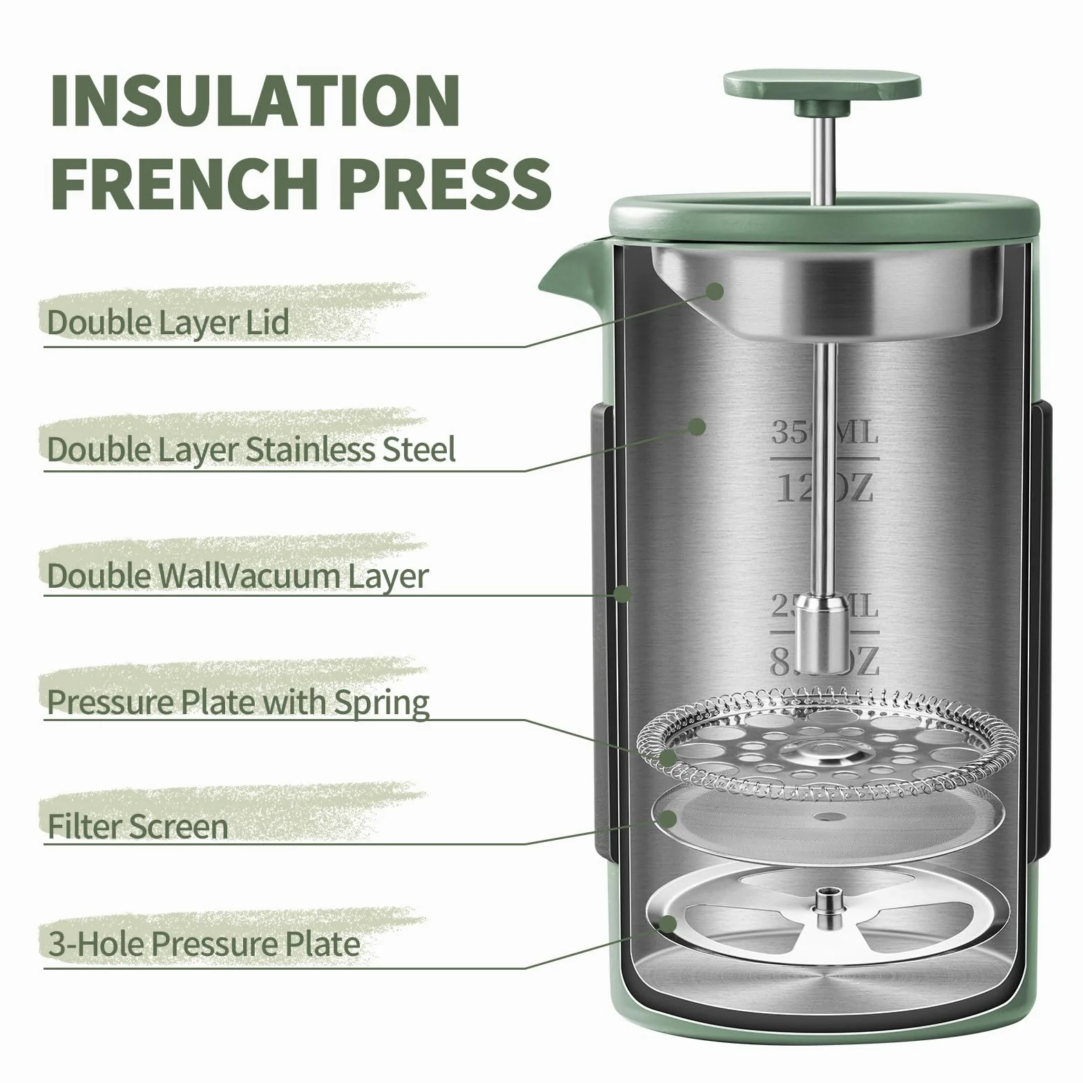 French Press Thermo – 350ml Stainless Steel Coffee Press, 2 Cup Cafetiere for Ground Coffee, Portable French Press