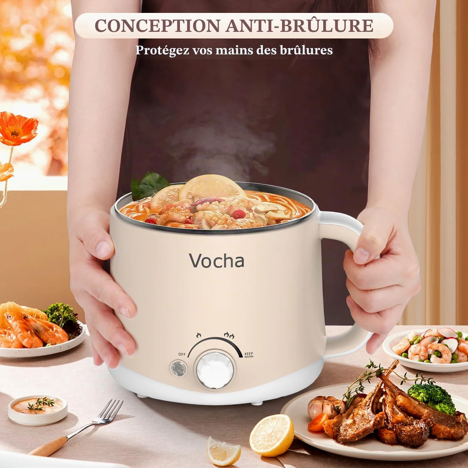 Vocha Marmite électrique avec fonction de maintien au chaud, poêle électrique anti-adhésive de 1,6 L, cuiseur de voyage portable, multicuiseur pour pâtes, nouilles, soupes, œufs durs, légumes (beige)