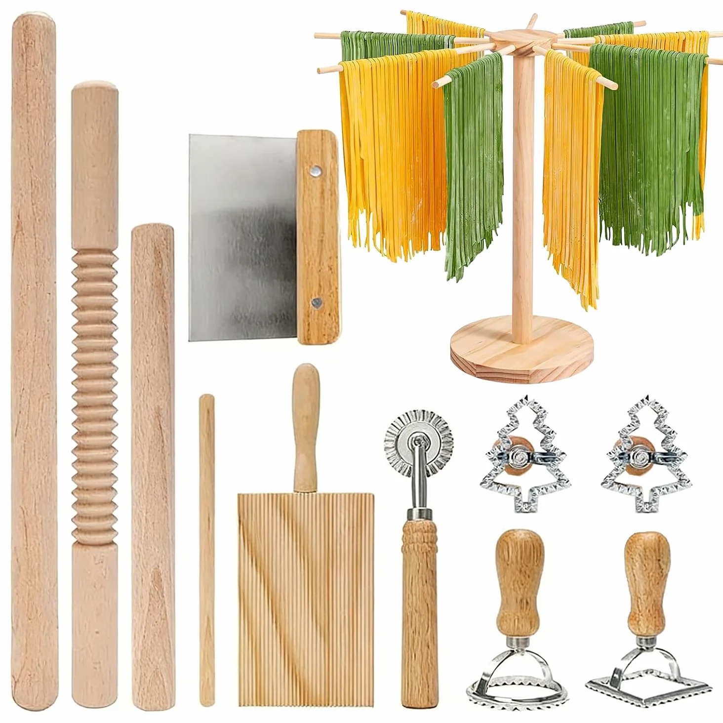 Lot de 12 machines à pâtes manuelles avec support de séchage des pâtes, rouleau à pâtes, planche à gnocchi, emporte-pièces pour ravioli, coupe-pâtes, kit de fabrication de pâtes