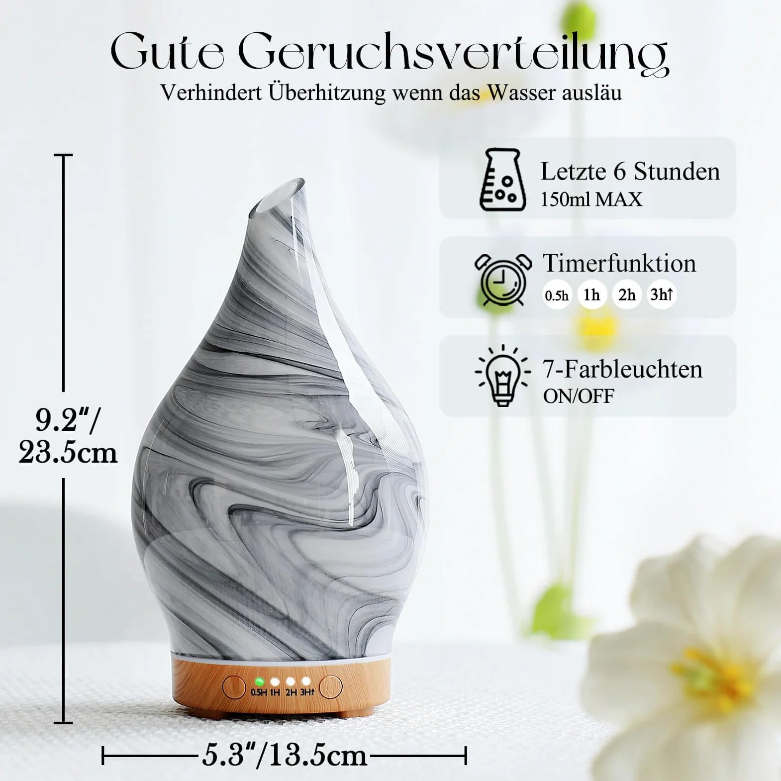 Porseme 150ml Diffuseur d'arômes en Verre soufflé à la Main, humidificateur ultrasonique Silencieux à 7 Couleurs changeantes, humidificateur d'ambiance sans BPA pour la Maison avec minuterie(Ink)