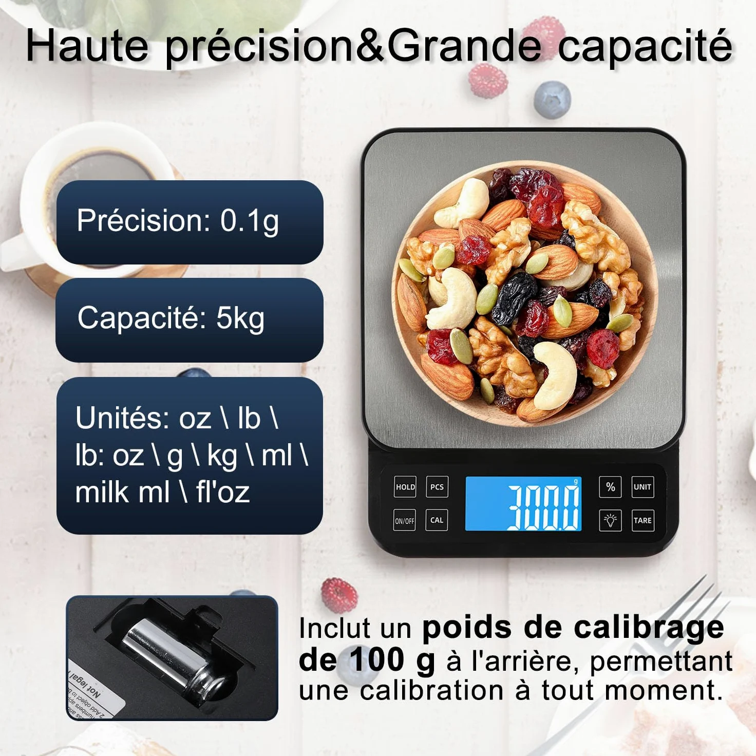 BOMATA Balance de cuisine grande taille, précision de 0,1 g, balance de boulangerie de 5 kg fonction pourcentage, rechargeable par USB, écran LCD à angle complet avec rétroéclairage, Noir et Argent