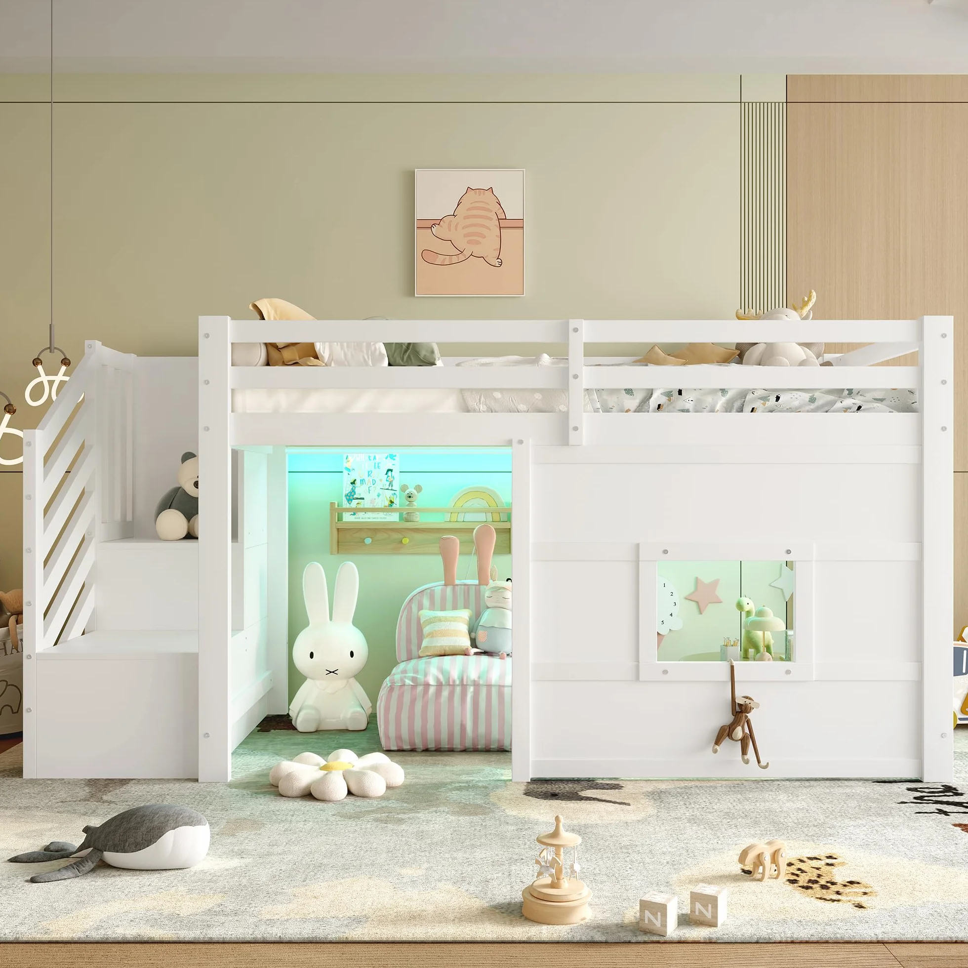 Sapgaks Lit Mezzanine Enfant 90x200 avec éclairage LED,lit mi Hauteur avec escalier de Rangement et fenêtre,Cadre de lit Enfant 90x200 (J-Blanc 90)