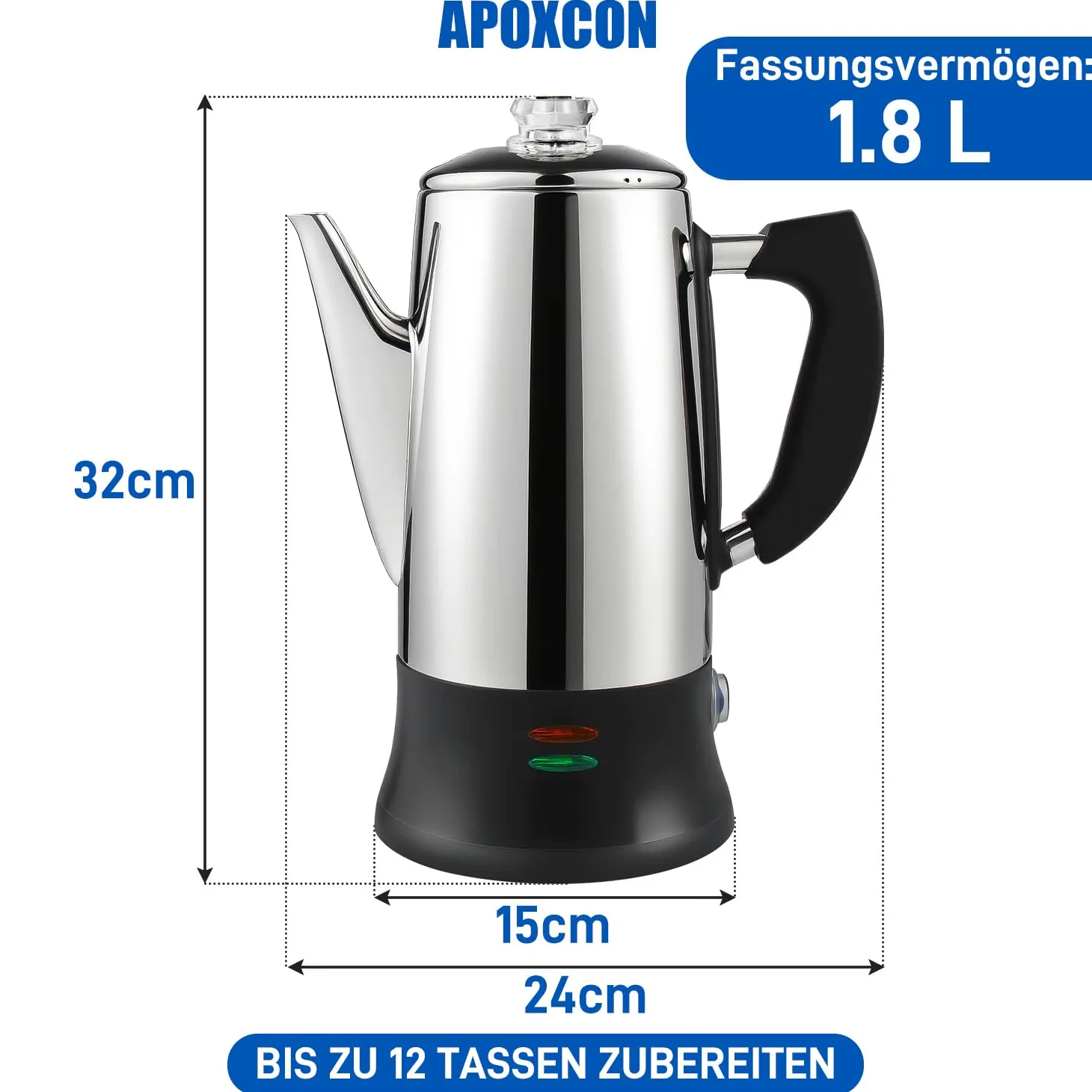 APOXCON Percolateur électrique 12 tasses – Certifié CE, classique avec système d'infusion rapide, bouton en verre résistant à la chaleur et fonction de service sans fil