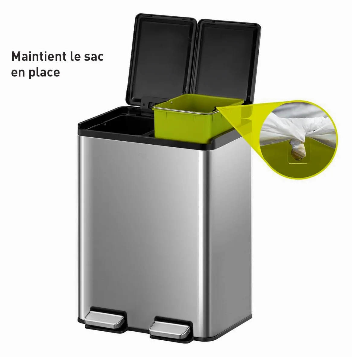 EKO Poubelle Cuisine Double Tri 2 Compartiments 20L + 20L | Acier Inoxydable Anti-Traces avec Pédale | Fermeture Silencieuse | sous Évier Compact Double