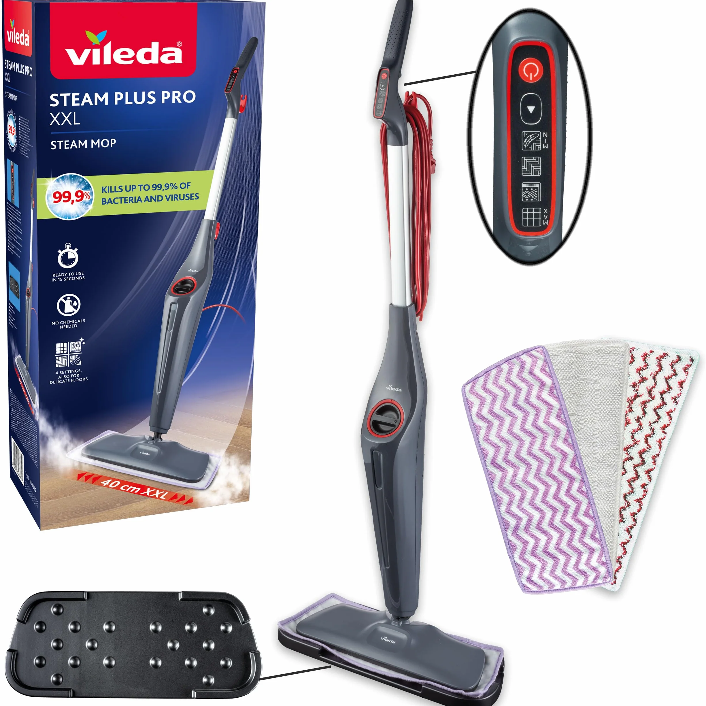 Vileda Steam Plus Pro XXL Nettoyeur vapeur, tue jusqu’à 99% des bactéries et des virus, parfait pour les sols délicats, avec 4 réglages de la vapeur, plateau de rangement inclus