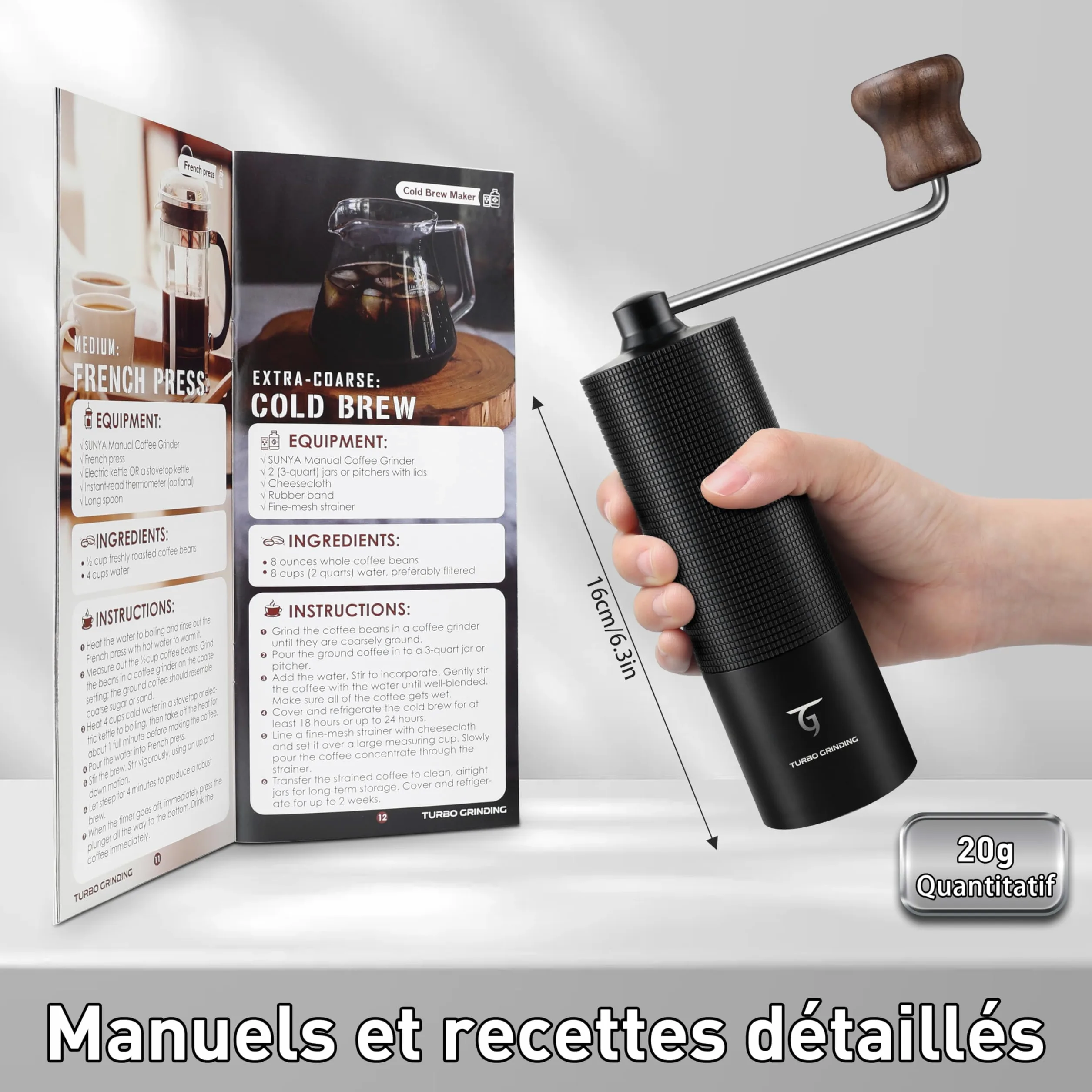 SUNYA Moulin à Café Manuel à Fraise Conique Acier Inoxydable avec Ivret de Recettes de Café Moulin a Cafe Manuel Portable en Réglages de Mouture Réglables Capacité de 25g (MCG-02 Noir)