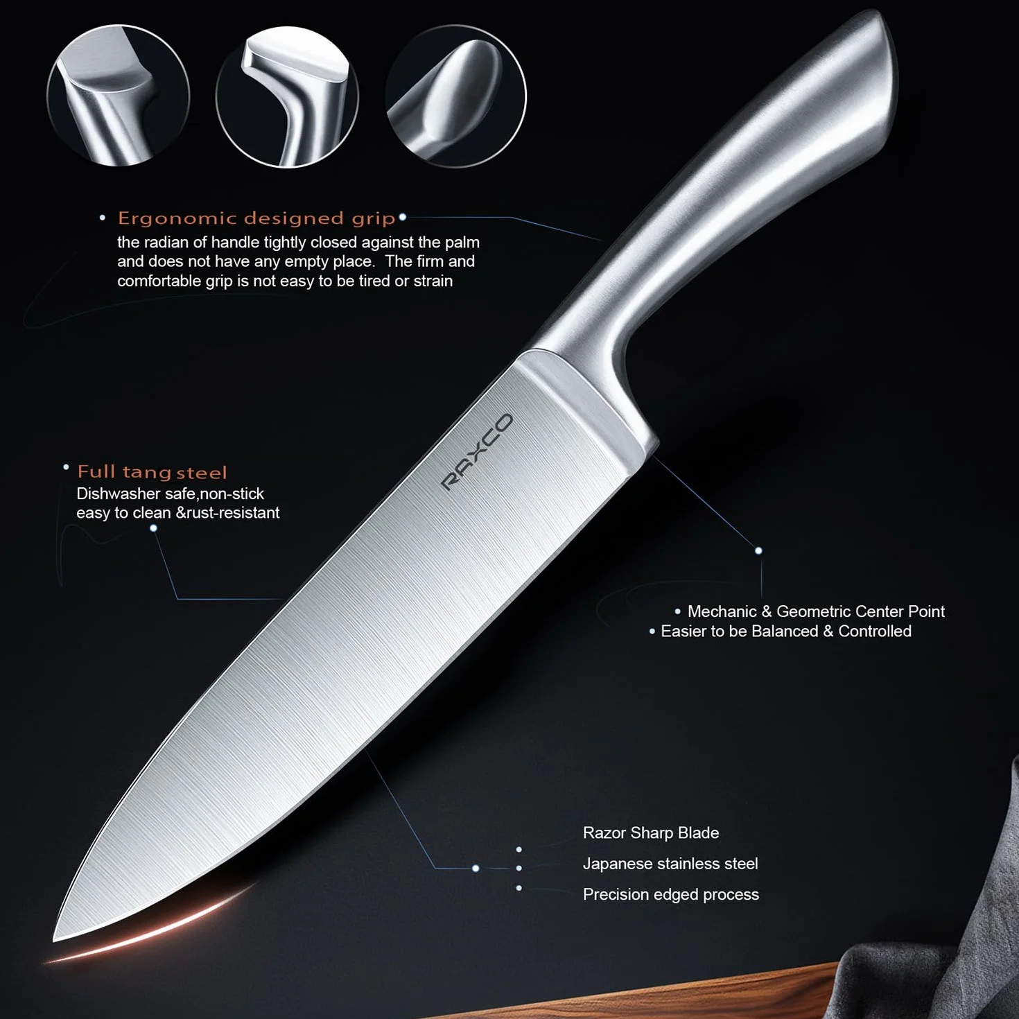 RAXCO Bloc à couteaux, Set de 18 couteaux de cuisine en acier inoxydable - Set de couteaux à steak, Sets de couteaux de cuisine professionnels avec bloc et aiguiseur (Oak)