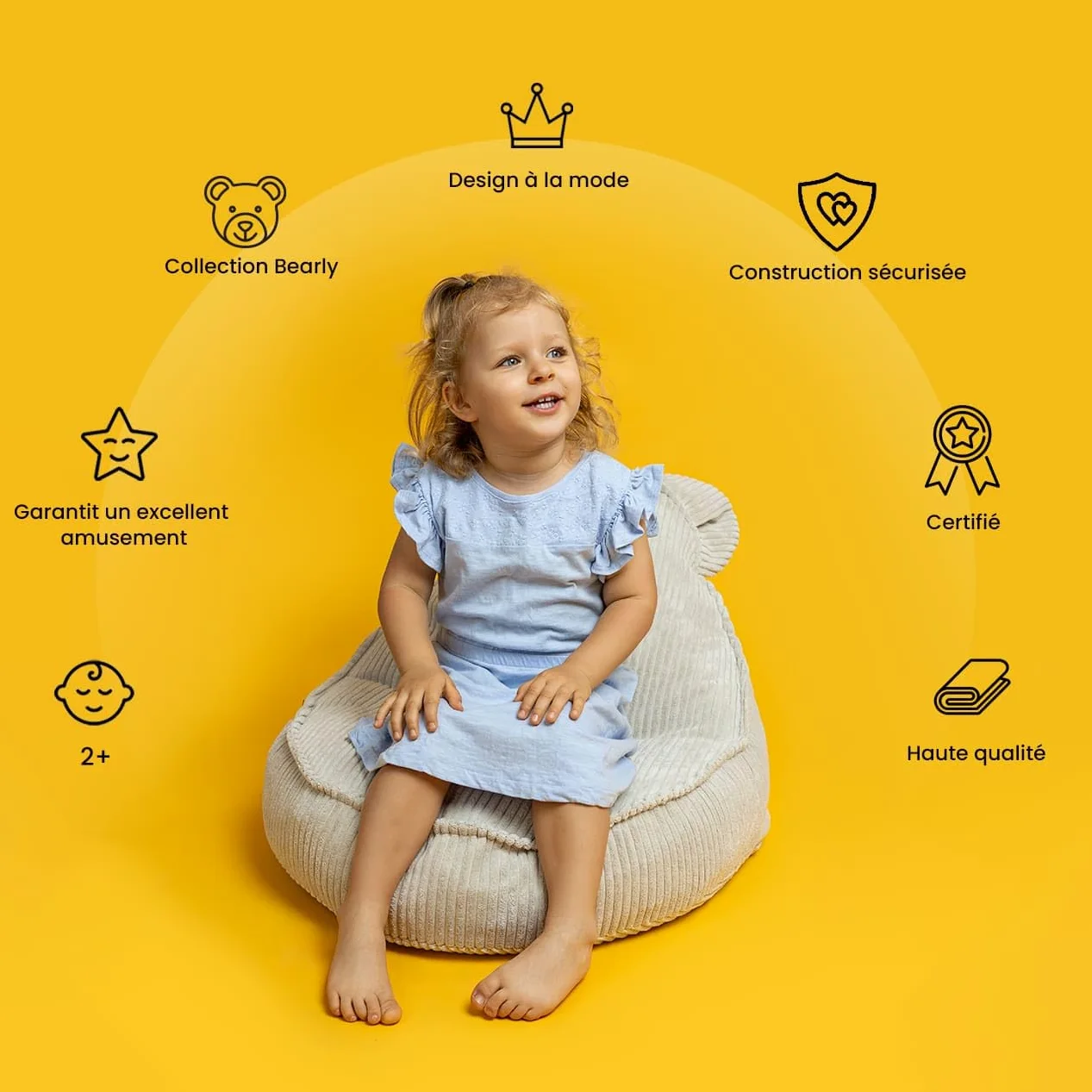 MEOWBABY Pouf Chambre Enfant - Fauteuil Poire Confortable et Léger - Pouf Poire Ergonomique pour Lecture et Jeu - Siège Douillet pour Fille et Garçon avec Remplissage de Billes, Bearly, Blanc