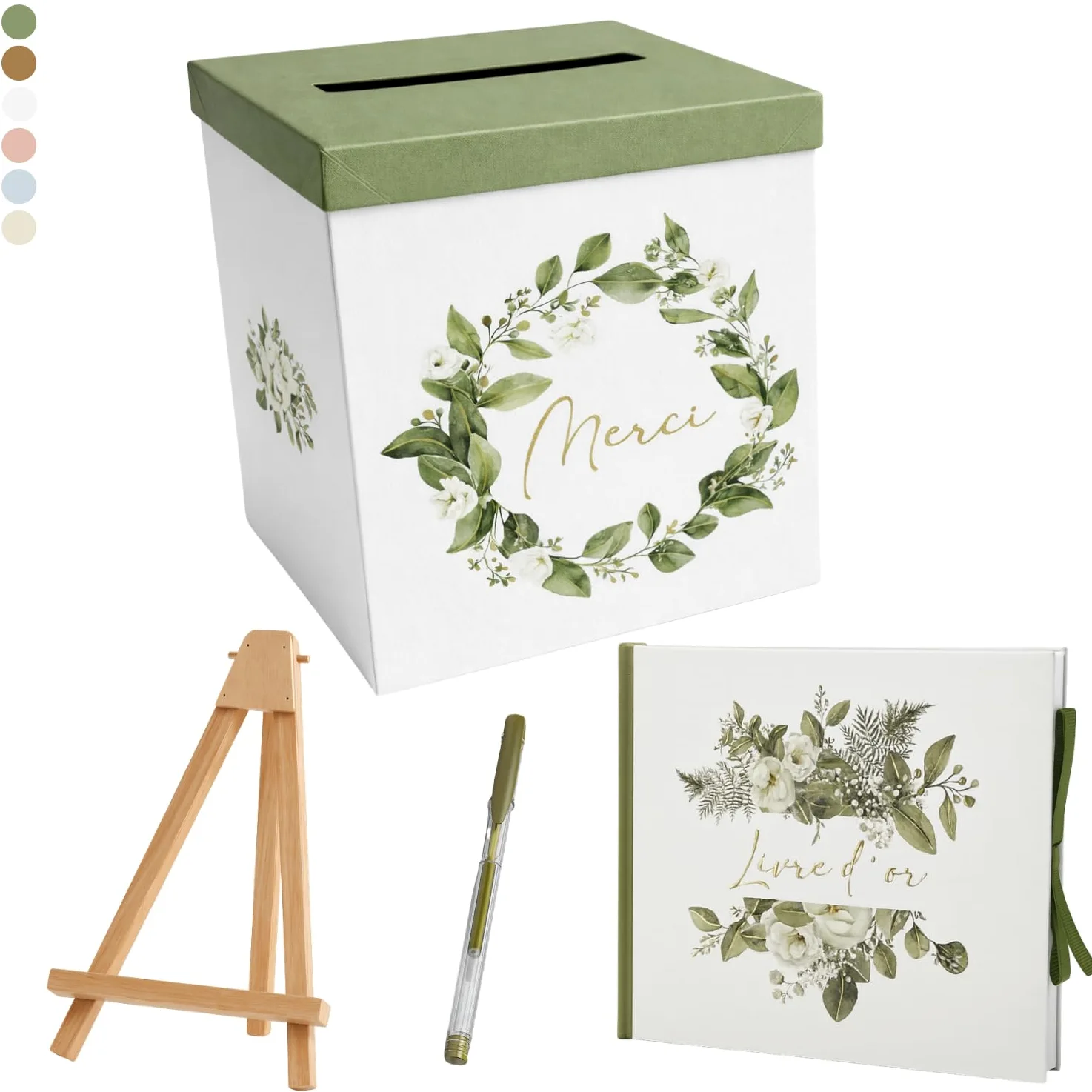 Pack Signature Vert et Or : 4 éléments (Urne Merci, Livre d’or, Stylo encre doré, Chevalet en bois) pour mariage, baptême, anniversaire, départ en retraite et toutes célébrations