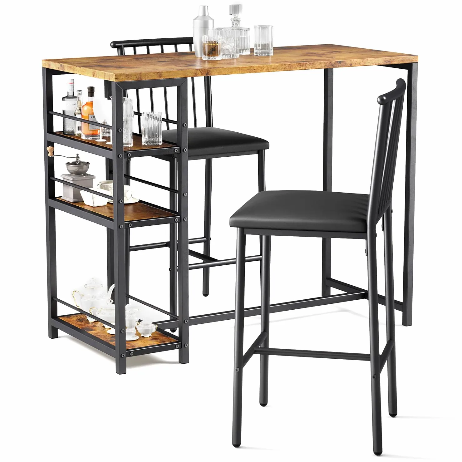 Xbro Ensemble Table de Bar avec 2 Chaises Rembourrées, Table de Bistrot pour Cuisine avec 3 Étagères (Marron)