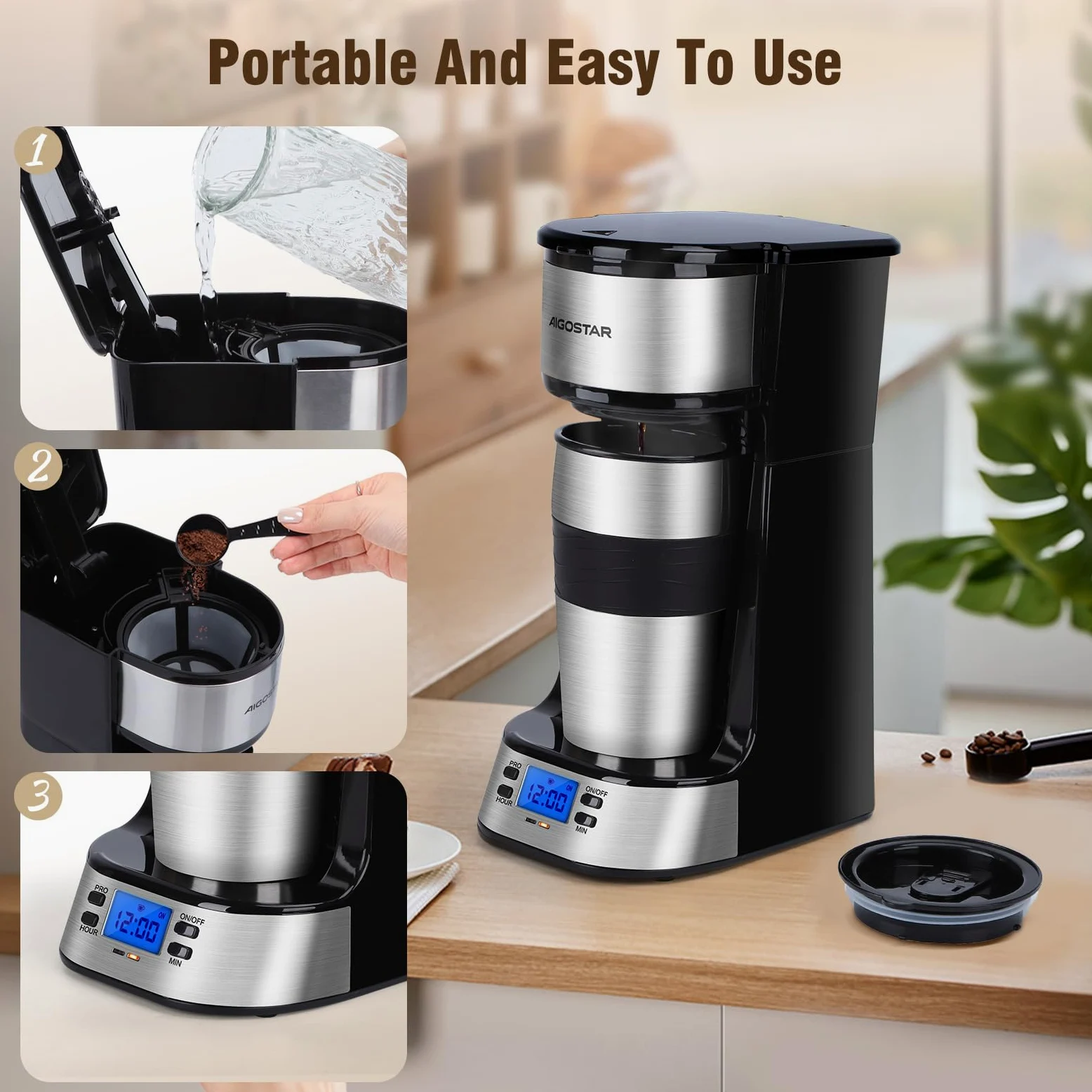 Aigostar - Cafetière Filtre avec 1 tasse isotherme Programmable 24h, Affichage LCD, Machine à café avec Gobelet de voyage de 420 ml et filtre à café réutilisable, 700W, Noir