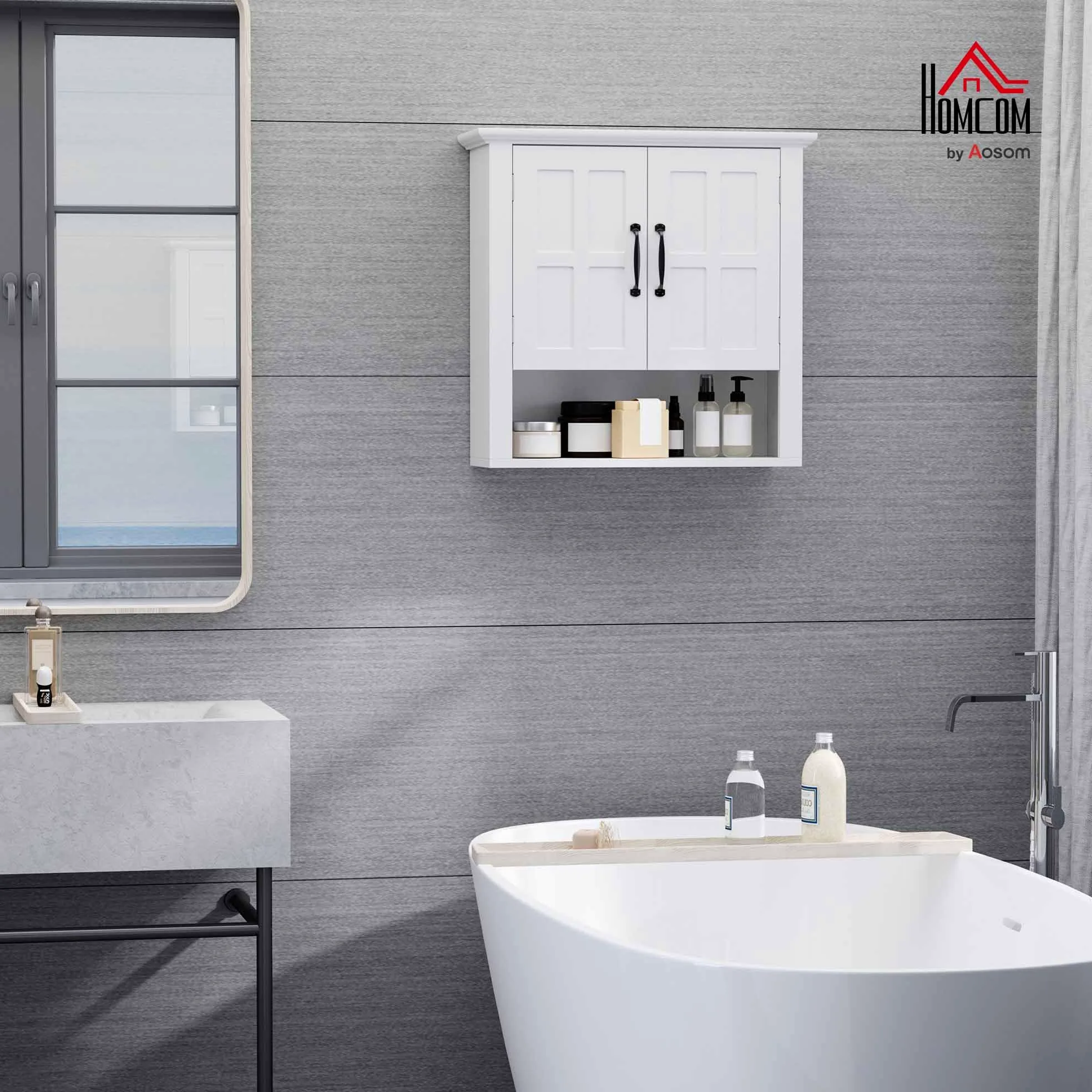 HOMCOM Armoire Haute Murale de Salle de Bain ou WC Placard 2 Portes 2 étagères Niche dim. 60L x 20l x 58H cm MDF Panneaux Particules Blanc