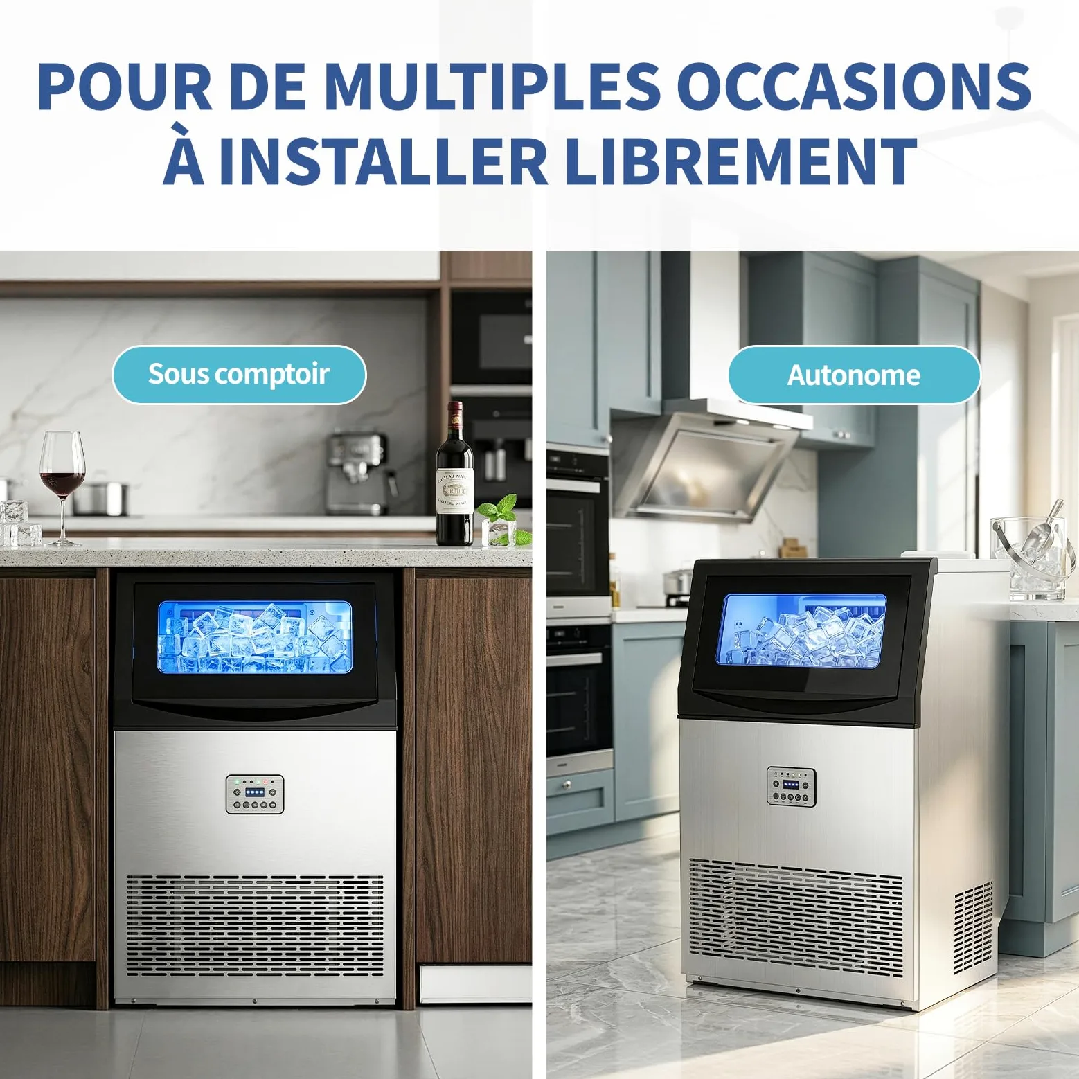 LEADZM Machine à Glaçons Commerciale 50 kg/24h, Capacité de Stockage 23 kg, 50 Glaçons par Cycle, Acier Inoxydable, Nettoyage Automatique, Idéale pour Bar, Restaurant et Café