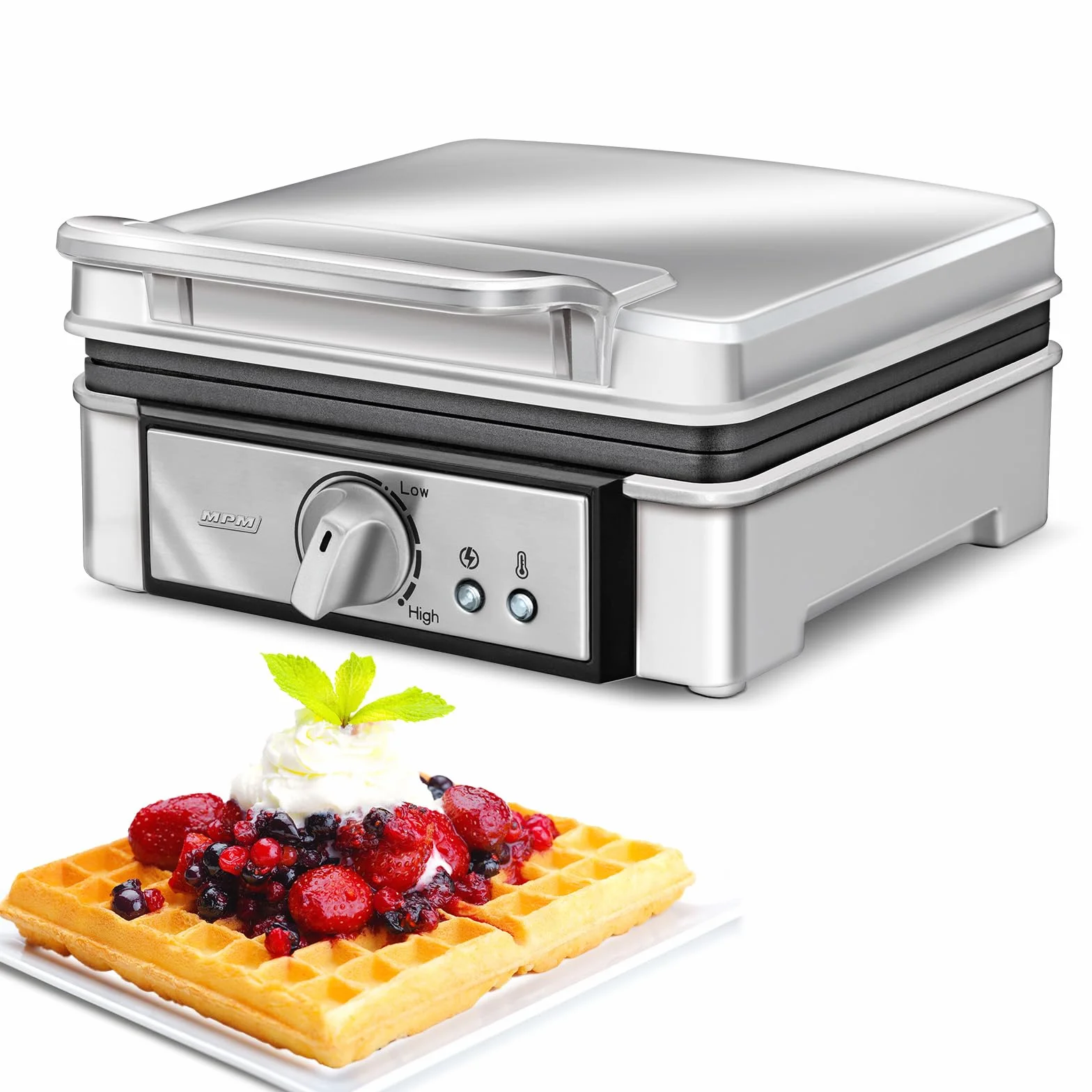 MPM MGO13 Gaufrier Professionnel pour 2 Gaufres Belges Épaisses, Plaques Antiadhésives, Régulateur de Température, Boîtier en Acier Inoxydable, 1400W