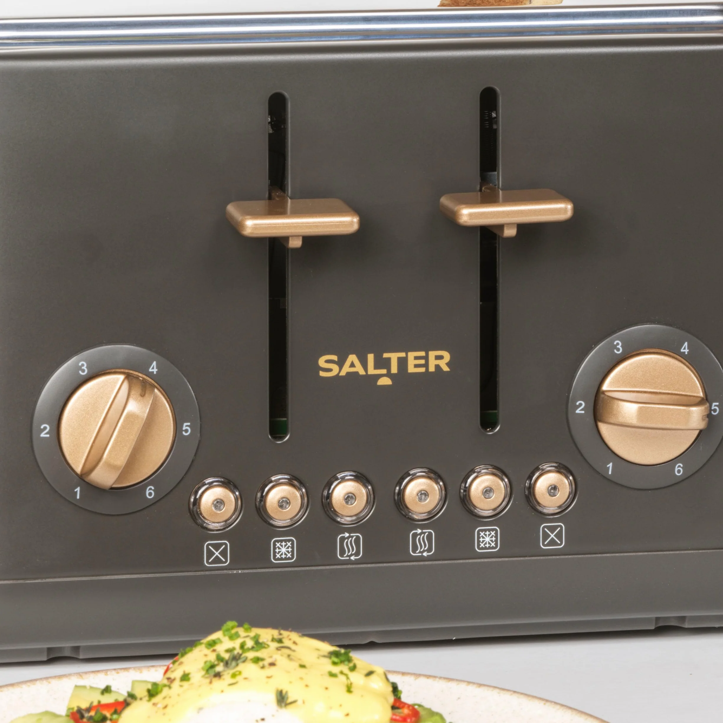 Salter Grille-pain Pebble 4 tranches – Fentes large, levée haute, 6 niveaux de brunissage, fentes auto-centrantes, ramasse-miettes amovible, décongeler/réchauffer/annuler, gris charbon/or