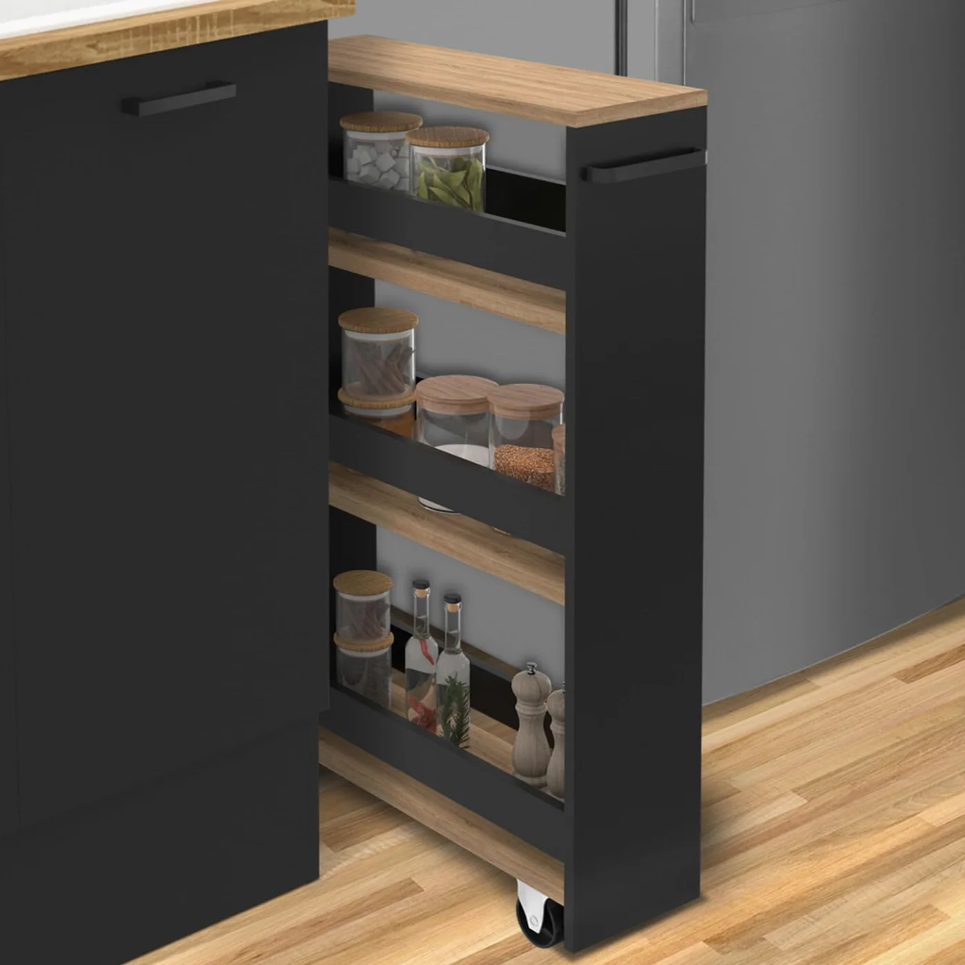 IDMarket - Desserte de cuisine gain de place HAGA chariot de rangement à étages noir et façon hêtre
