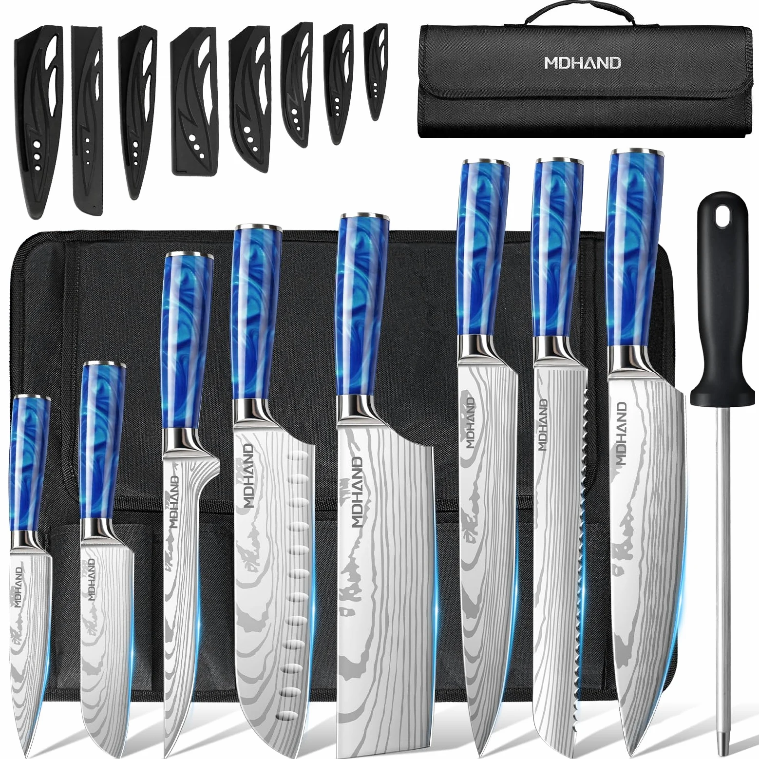 MDHAND Set de Couteaux de Cuisine, 8 pièces couteau cuisine professionnelle avec étui à roulettes, acier inoxydable à haute teneur en carbone extrêmement tranchant Ensemble de couteaux de cuisine