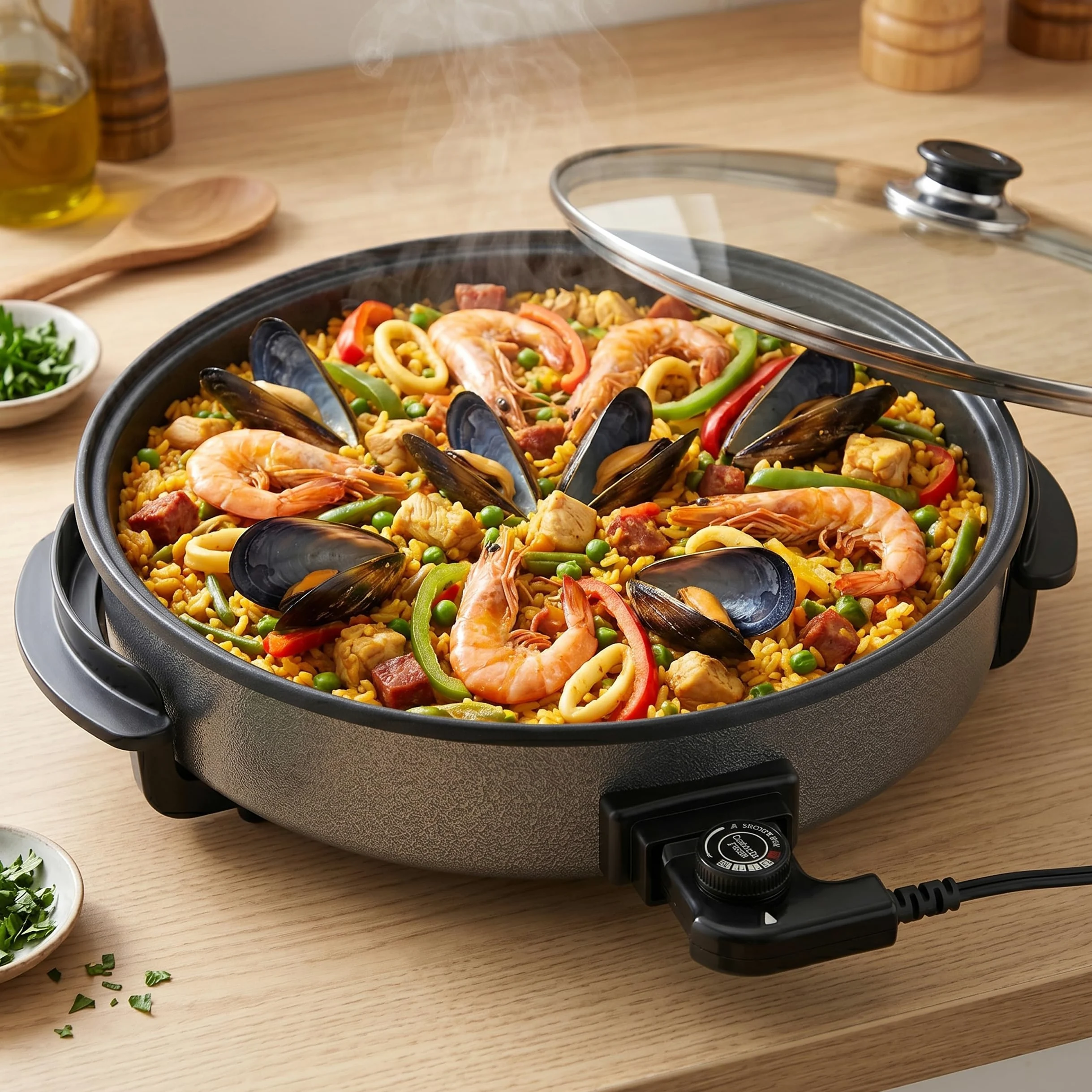 Shov Poêle à pizza électrique et cocotte multifonction, taille XL, 48 cm de diamètre, 7 cm de profondeur, avec revêtement antiadhésif et couvercle en verre, 1500 W, thermostat réglable pour pizza