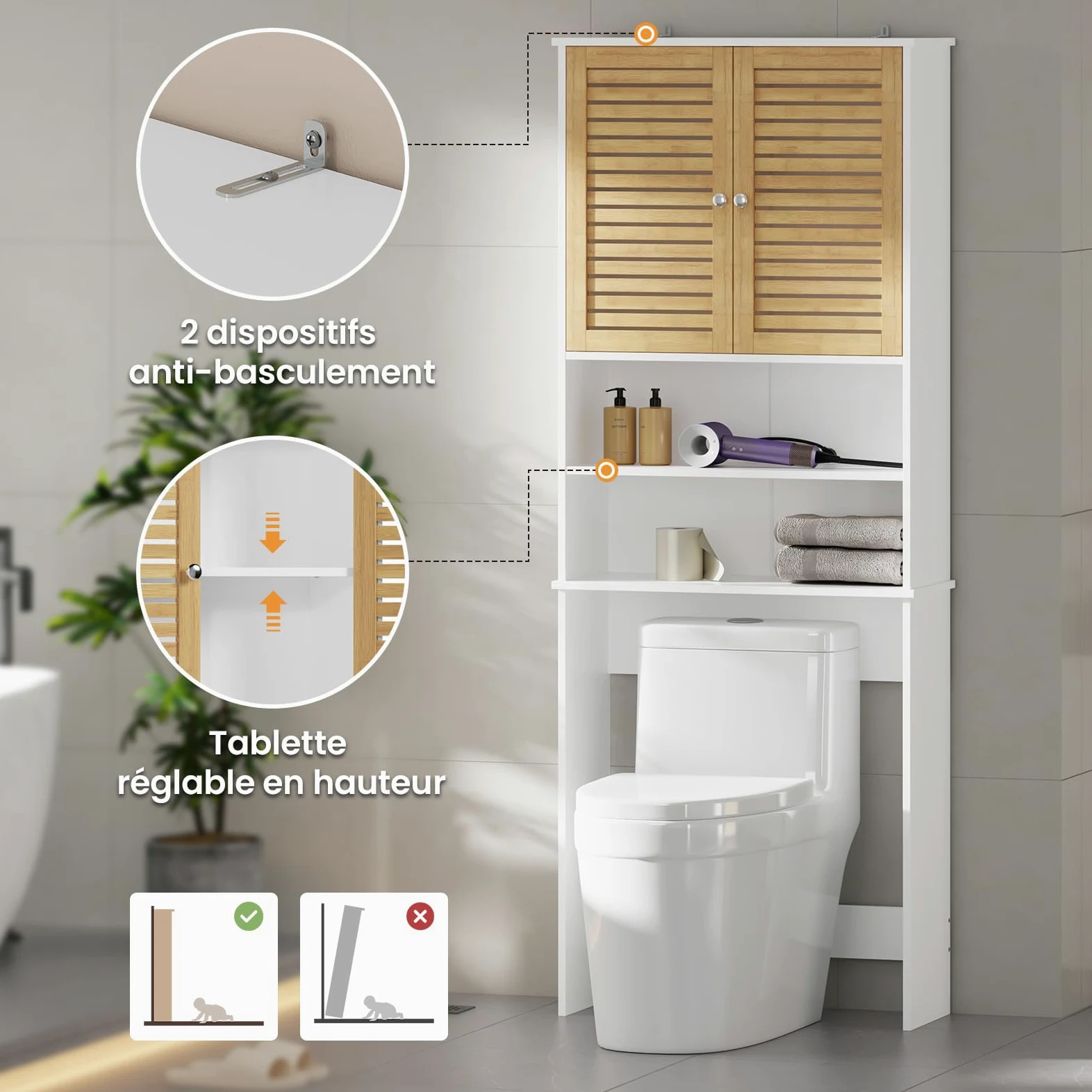 Meuble Machine à Laver, Armoire Dessus Toilette avec 2 Compartiments Ouverts, Espace Derrière 2 Portes en Bambou, Meuble WC Rangement avec Étagère Réglables, 185,5 x 65 x 24 cm