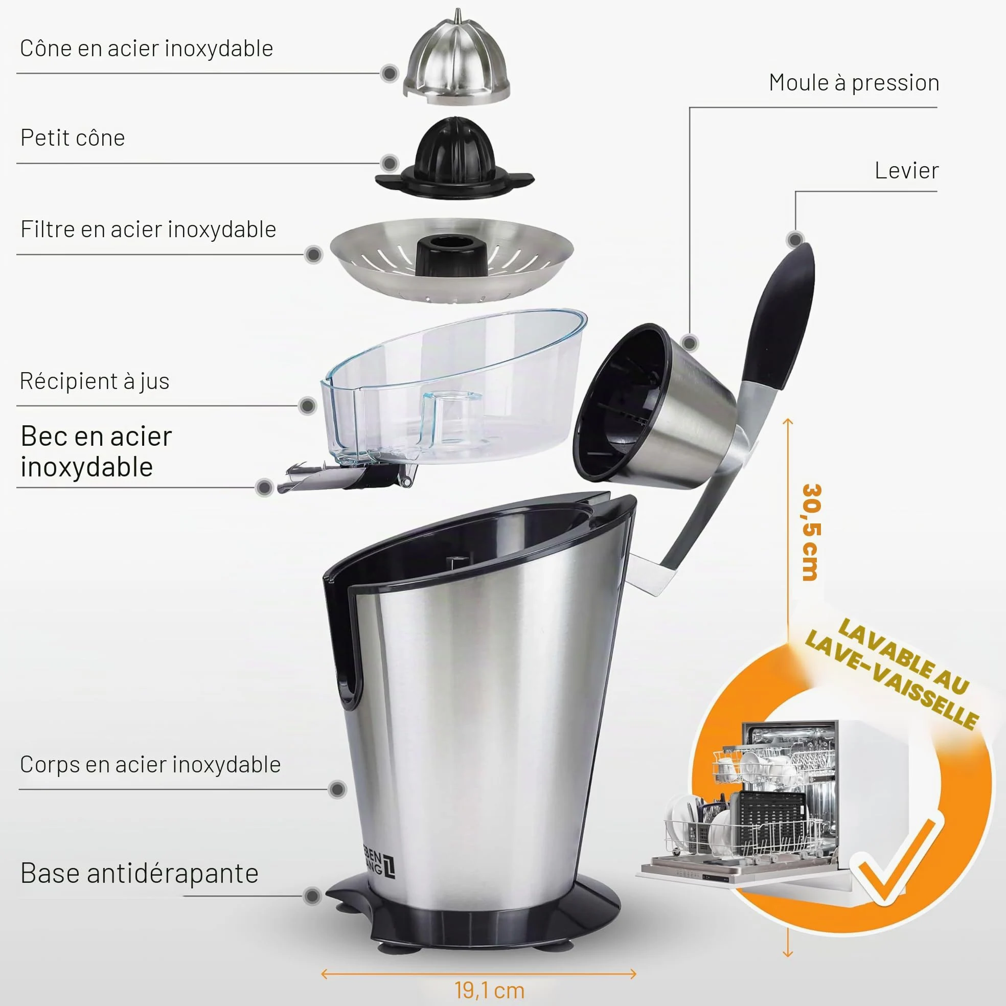 LEBENLANG Presse agrume electrique 600W - Cône en acier inoxydable & sans BPA I Presse-agrumes électriques I Juicer orange machine Presseur agrumes electriques Jus de fruit d'orange automatique