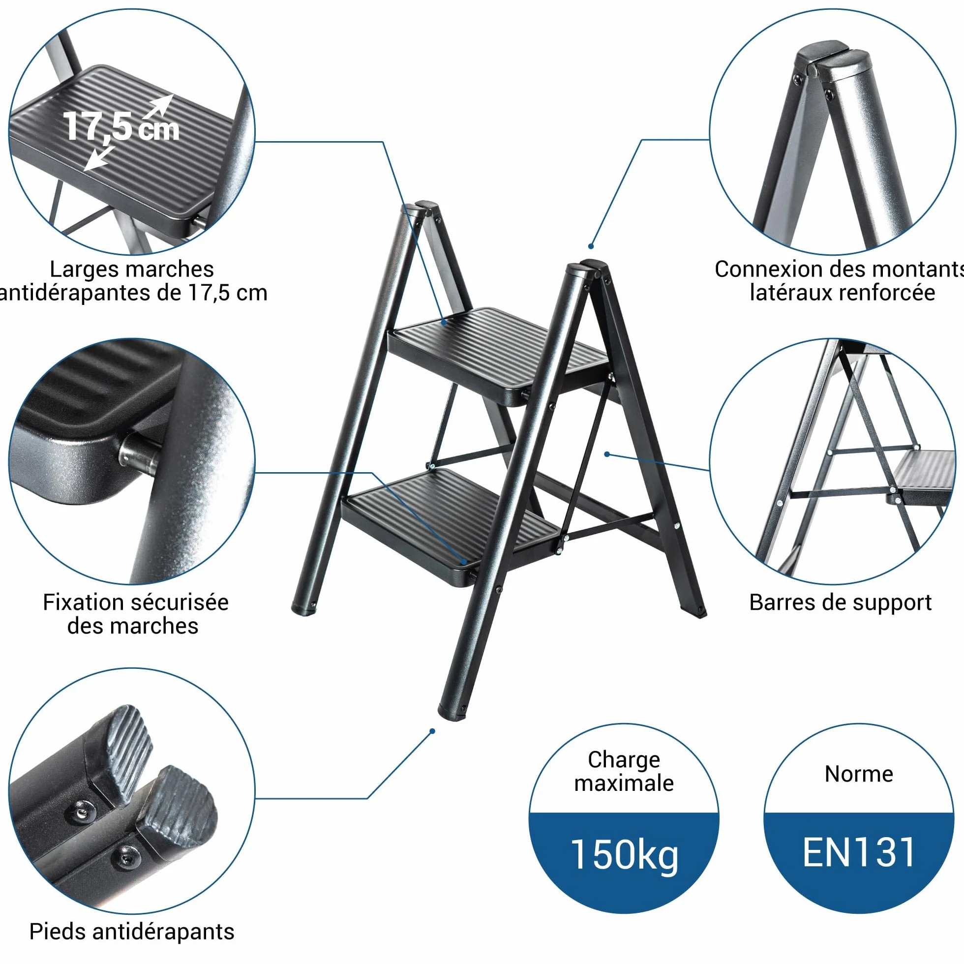 HOSTRÖM Escabeau 2 marches FOLDPACT2, Marche Pied Pliable, Design Ultra-Compact, Marches Larges 17,5 cm, Acier, Etagère temporaire, Garantie 5 Ans