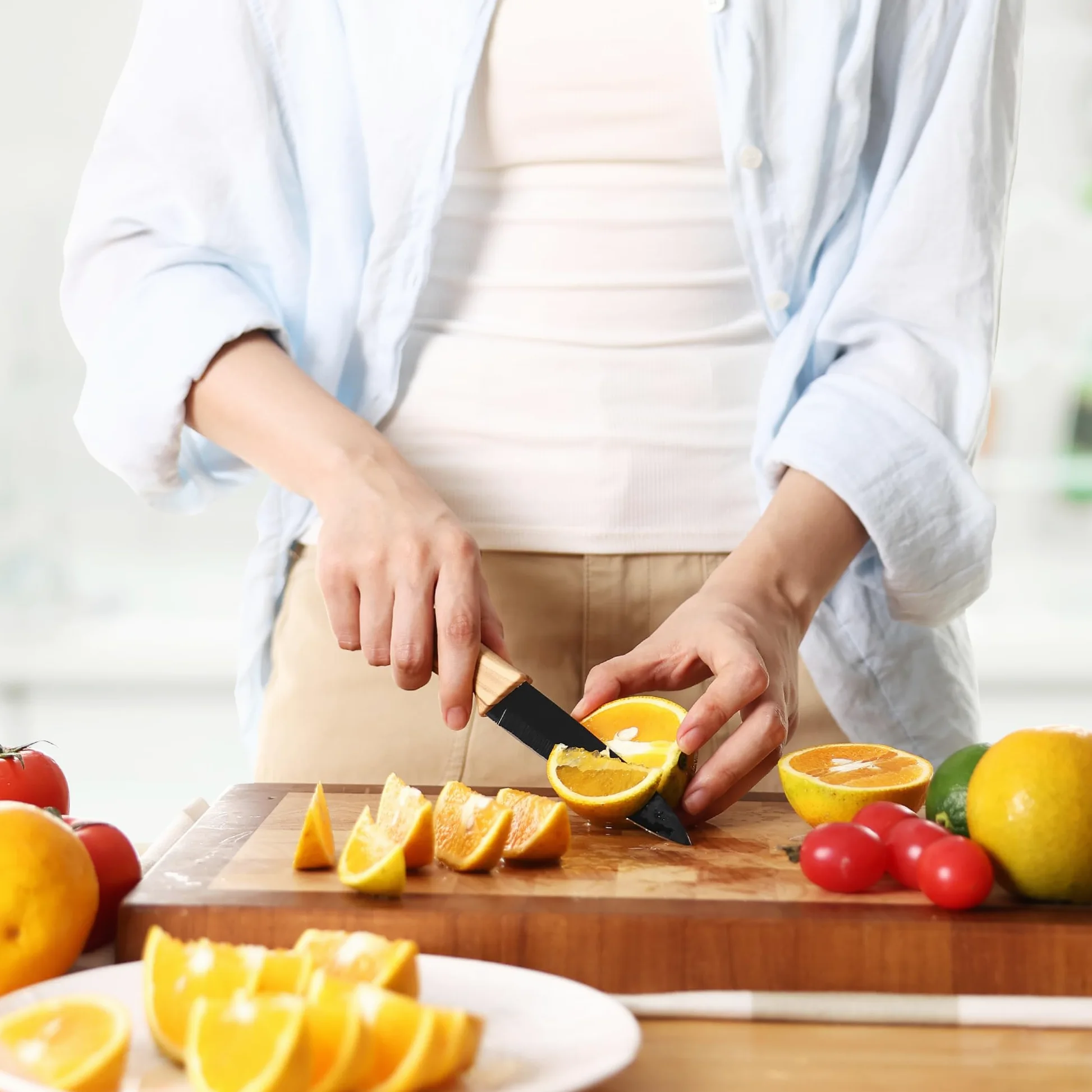 hecef Bloc Couteaux 6 Pièces avec Bloc Universel, Couteaux de Cuisine En Acier Inox, Couteau de Chef & Santoku, Ultra Tranchant, Manches Ergonomiques, Lames Noires Antiadhésives, Maison et les Cadeaux