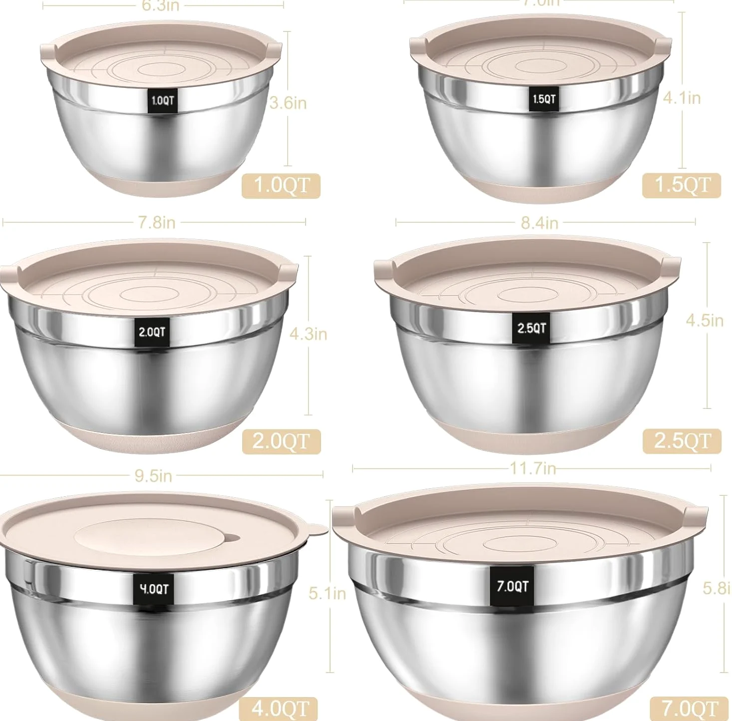 Terlulu Lot de 6 saladiers en acier inoxydable avec couvercle hermétique et fond en silicone, 3 embouts râpes, pour pâtisserie/servir, 6,6 l, 3,8 l, 2,4 l, 1,9 l, 1,4 l, 0,6 l, kaki