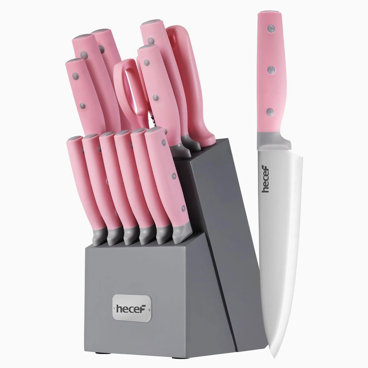 hecef Couteau Cuisine, Porte Couteaux de Cuisine 14 Pièces, Ensemble Couteaux de Cuisine en Acier Inoxydable avec Bloc en Bois, Couteaux de chef Professionnels - Plus de Choix de Couleur (Rose)