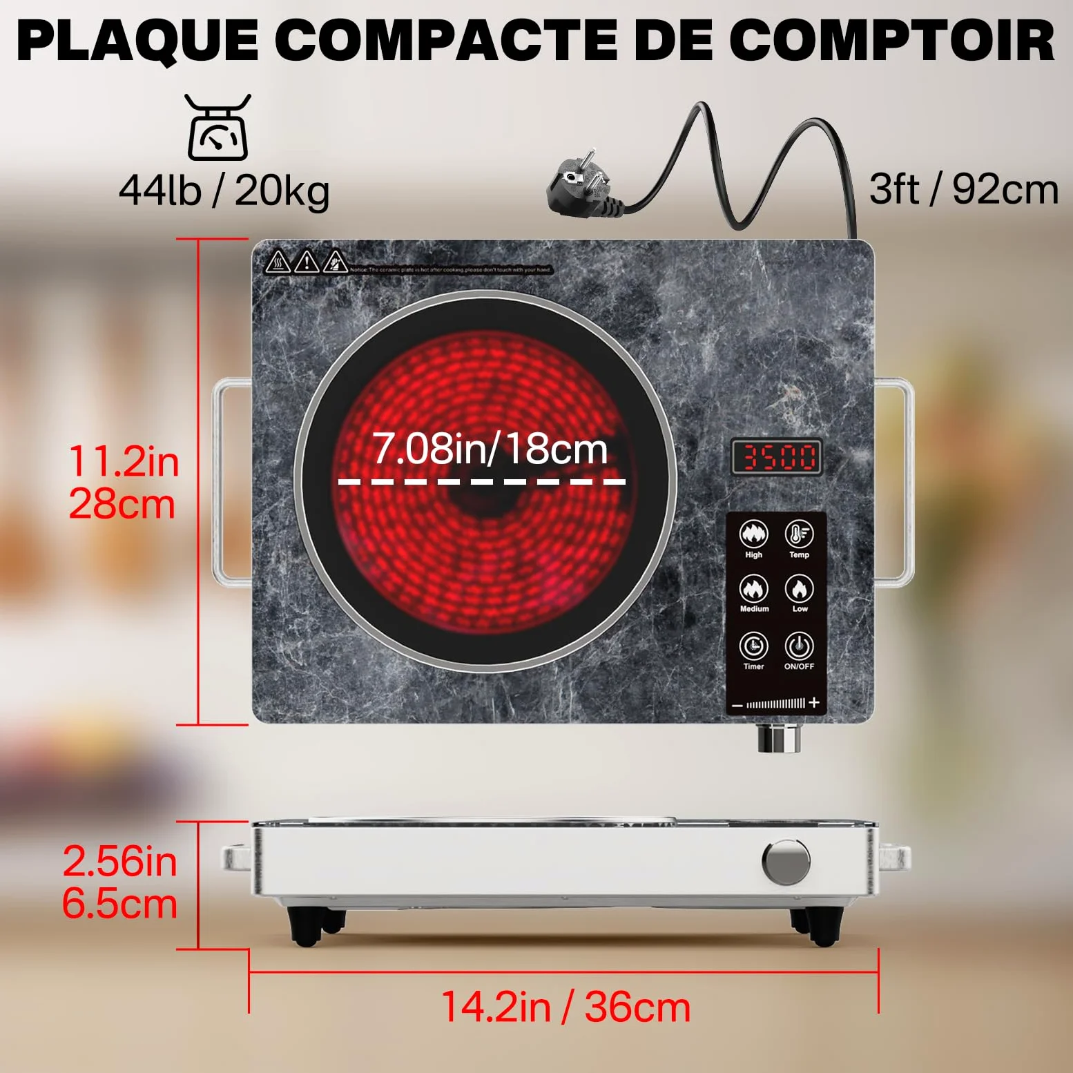 Plaque de Cuisson Électrique 1 Feu, Plaque Vitrocéramique Infrarouge Portable avec Commande Tactile et Bouton Rotatif, Réglage de Température pour Cuisine & Camping, Single-Marble