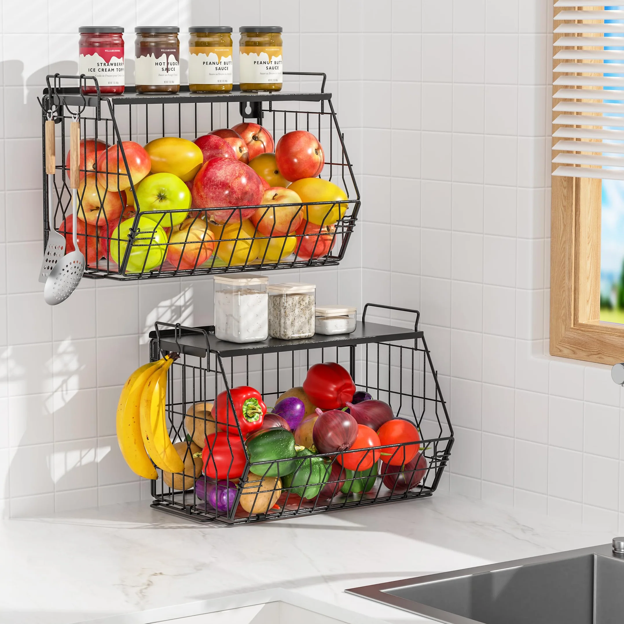 Ezprotekt Lot de 2 corbeilles à fruits empilables avec couvercles en métal, corbeilles à fruits, paniers à fruits empilables à fixation murale, paniers de rangement pour pommes de terre, oignons pour