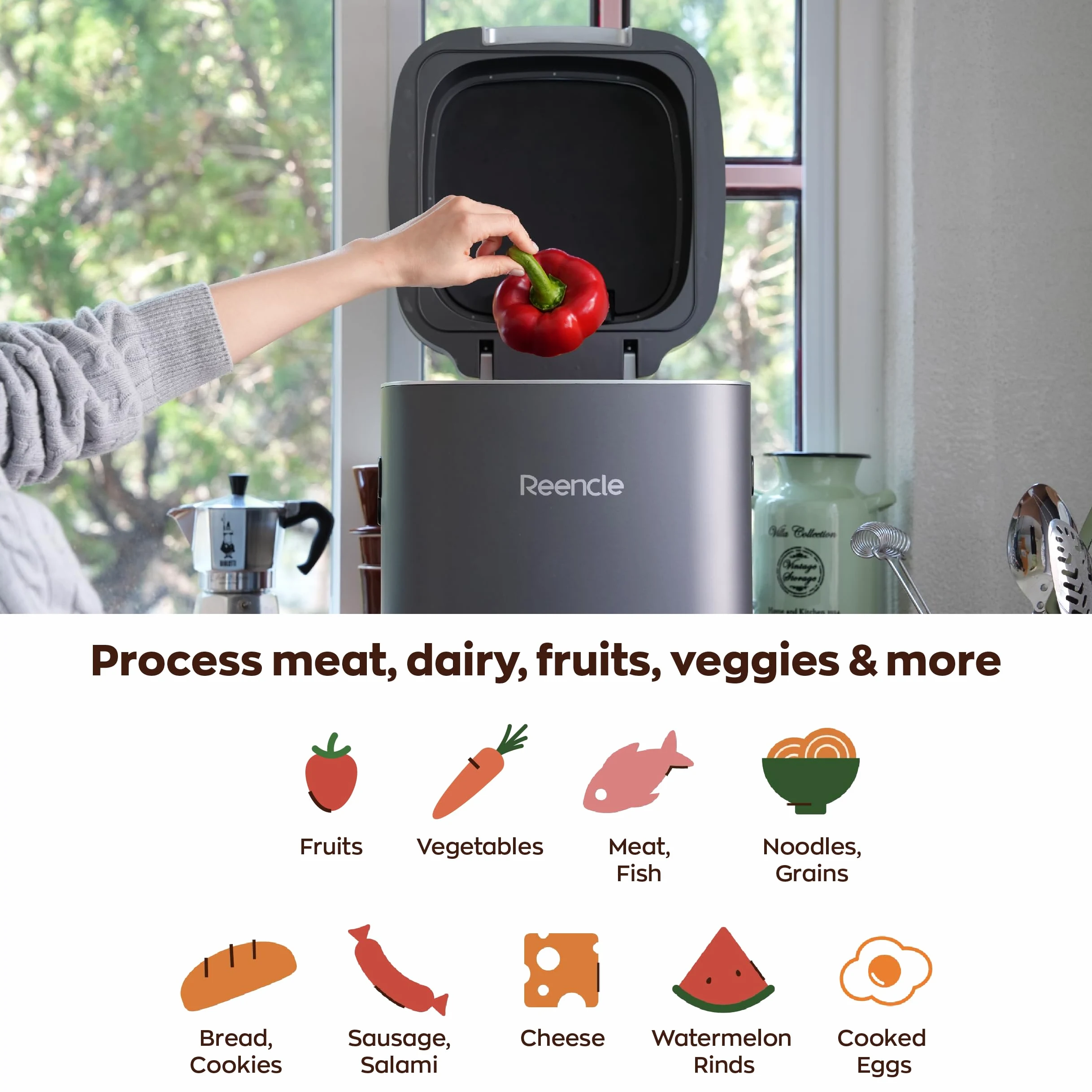 Composteur de Cuisine 14L | Reencle Prime Noir | sans Odeur, Silencieux, Automatique | Compost Organique en 24h|Solution zéro déchets