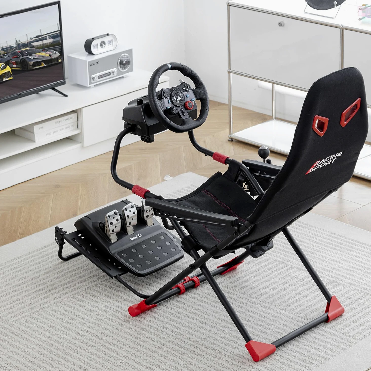 Amstrad AMS-Racing-SIM Siège de simulateur Auto avec Support pour Volant & Levier de Vitesse - 3 Niveaux de réglage Hauteur