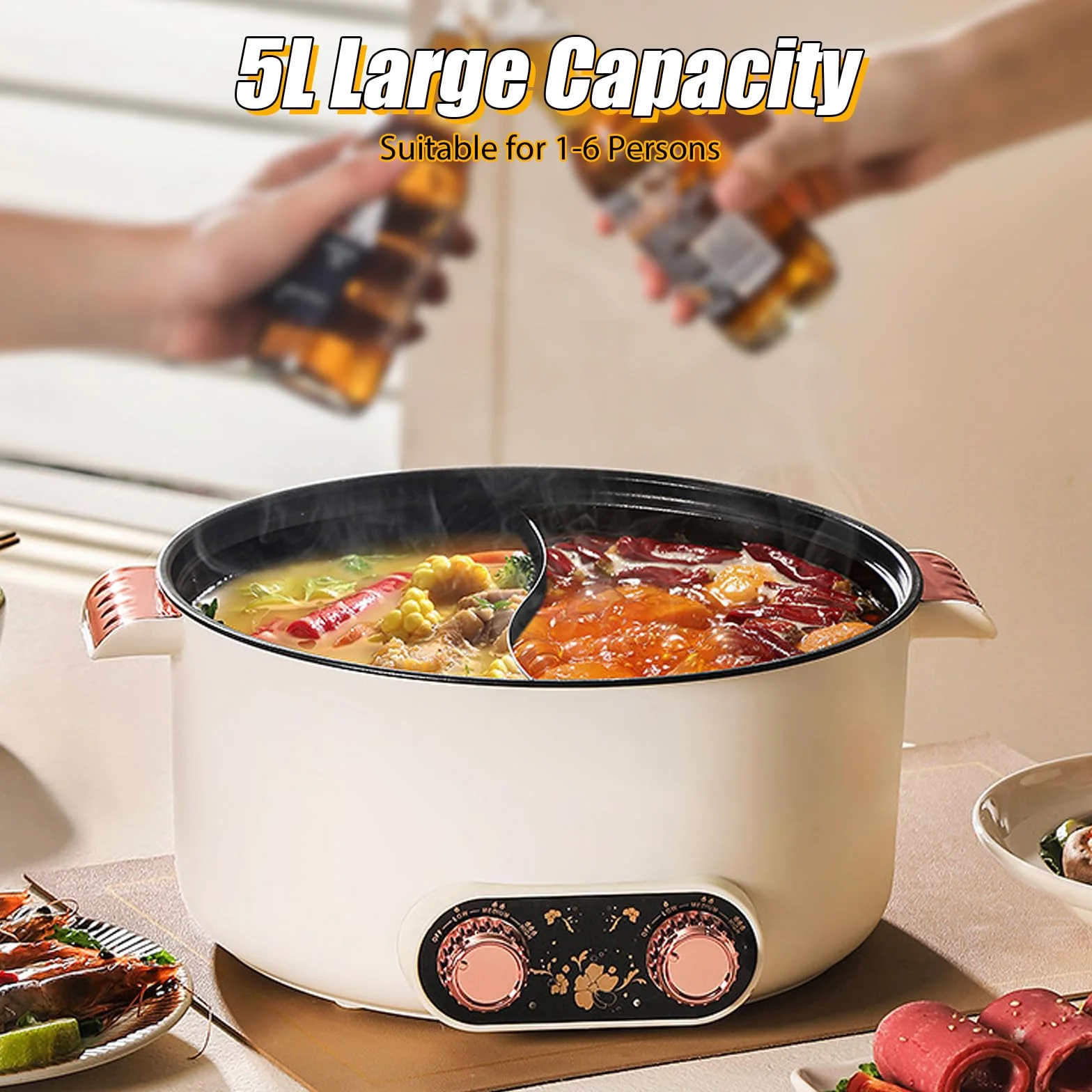 Casserole électrique à 2 côtés avec deux régulateurs 5 L marmite électrique 1350 W trois réglages de puissance poêle à frire antiadhésive multifonction rapide poêle à soupe pour rôtir ramen