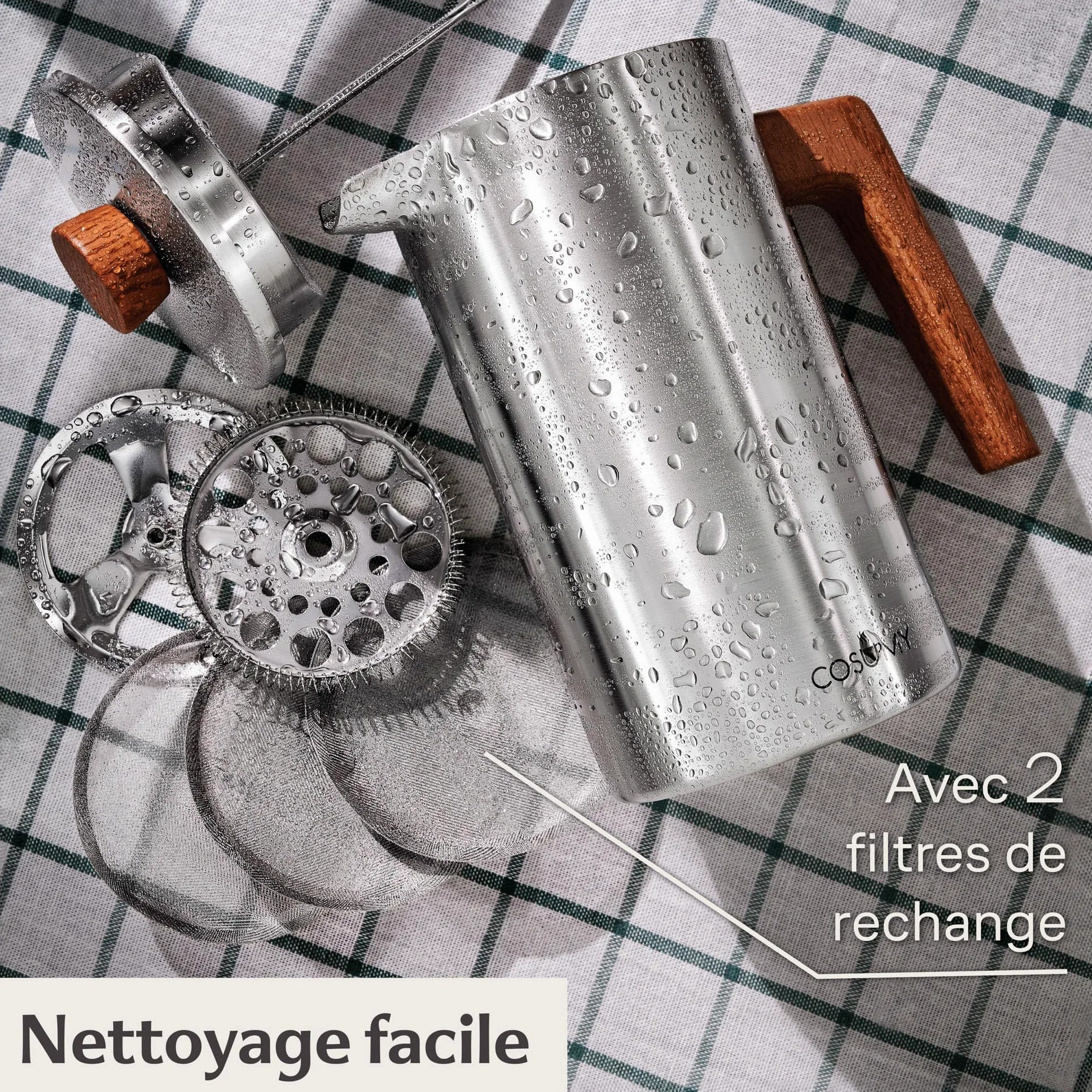Cosumy Cafetière à Piston Inox 1l pour 5 Tasses - Double Paroi Isolante - Garde le café chaud - Acier Inoxydable et Bois de chêne FSC