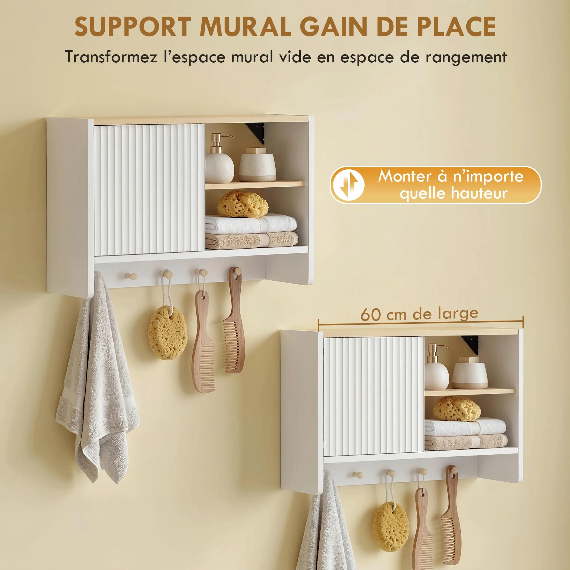 HOMCOM Armoire Murale de Salle de Bain, Meuble de Rangement Suspendu pour Salle de Bains avec Porte, étagères Ouvertes et 5 Crochets, Meuble WC Suspendu, 60 x 20 x 40 cm, Blanc et chêne