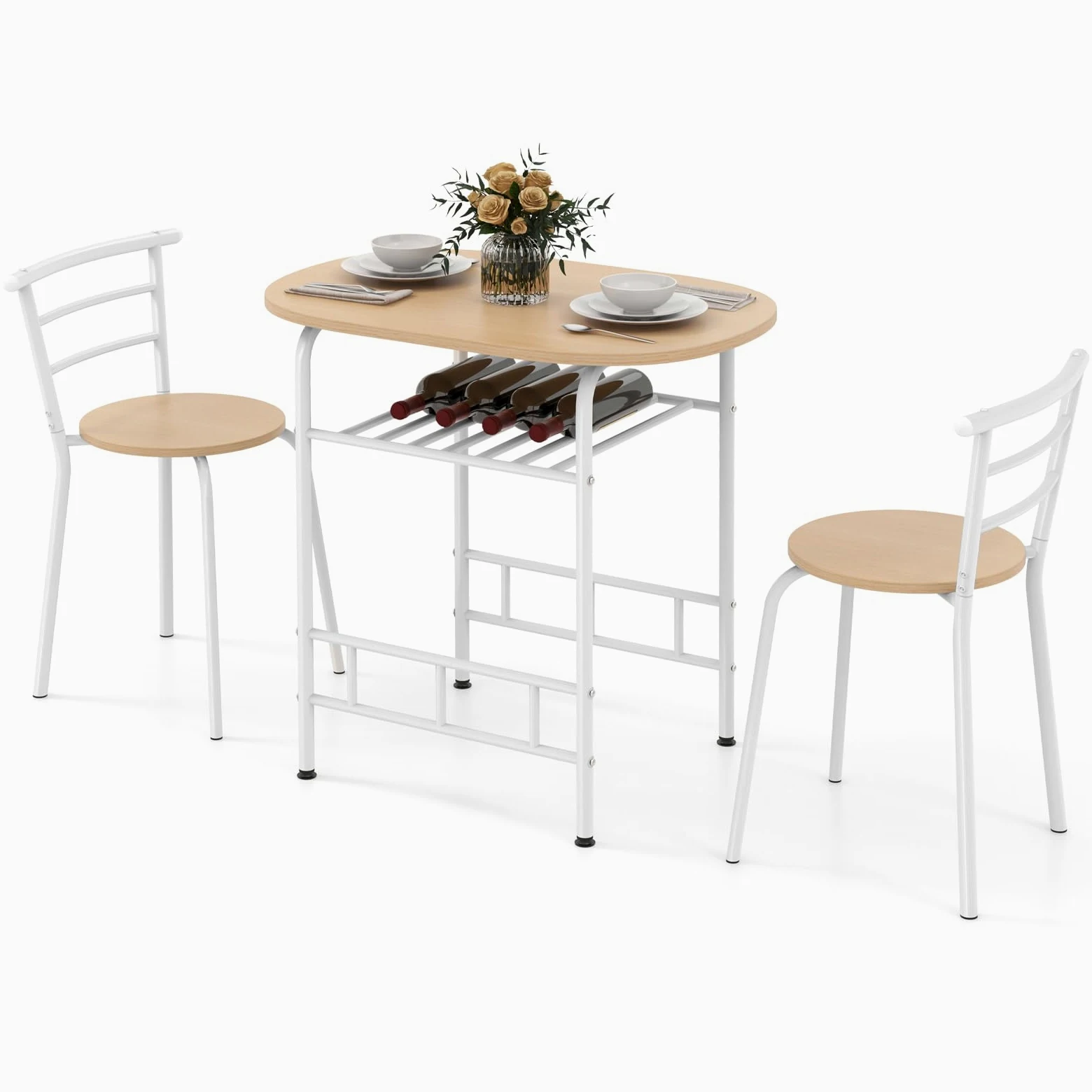 COSTWAY Table de Cuisine avec Chaise pour 2 Personnes, Table Cuisine Petit Espace avec Porte-Bouteilles, Table à Manger Ronde Cadre en Métal pour Bistro, Jardin, Balcon (Naturel)