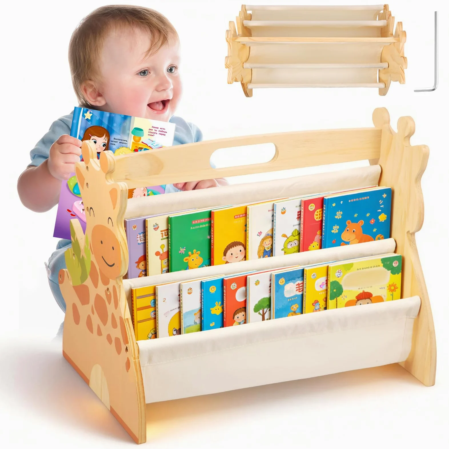 Bibliothèque Montessori Bois pour Enfant 43x34x28,3cm Bibliothèque Enfant Double Face Quatre Couches avec Poignée Rangement Livre Enfant 3-8 Ans Aménagement Open Bords Arrondis pour Chambres écoles
