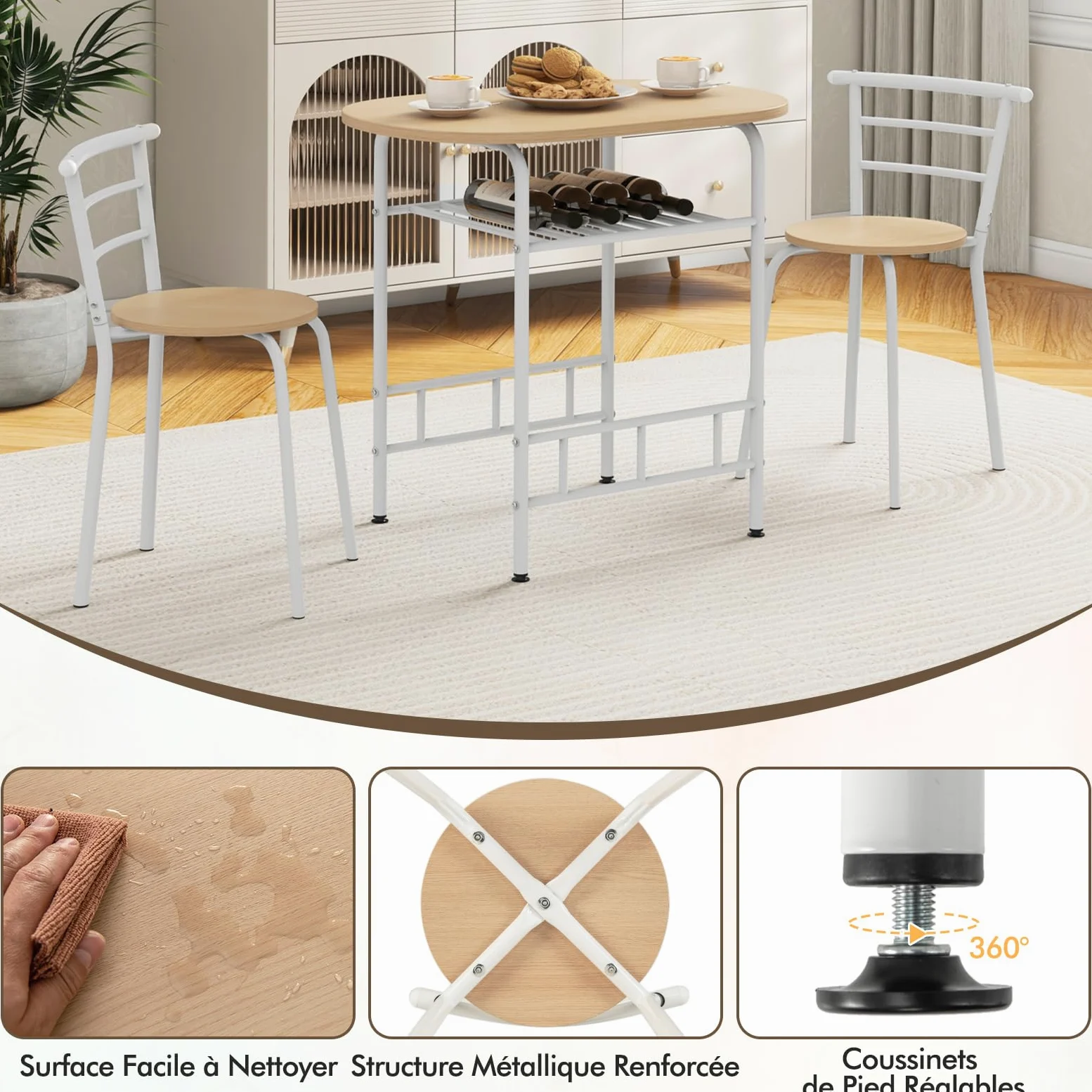 COSTWAY Table de Cuisine avec Chaise pour 2 Personnes, Table Cuisine Petit Espace avec Porte-Bouteilles, Table à Manger Ronde Cadre en Métal pour Bistro, Jardin, Balcon (Naturel)