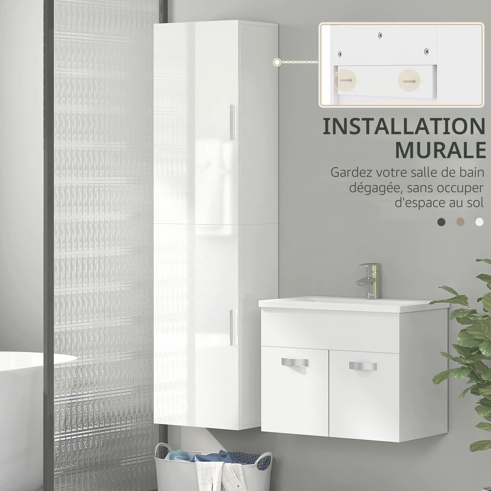 HOMCOM Armoire murale pour salle de bain avec étagères réglables et 2 portes - Meuble de salle de bain moderne pour les petits espaces - 40 x 30 x 160 cm - Blanc brillant