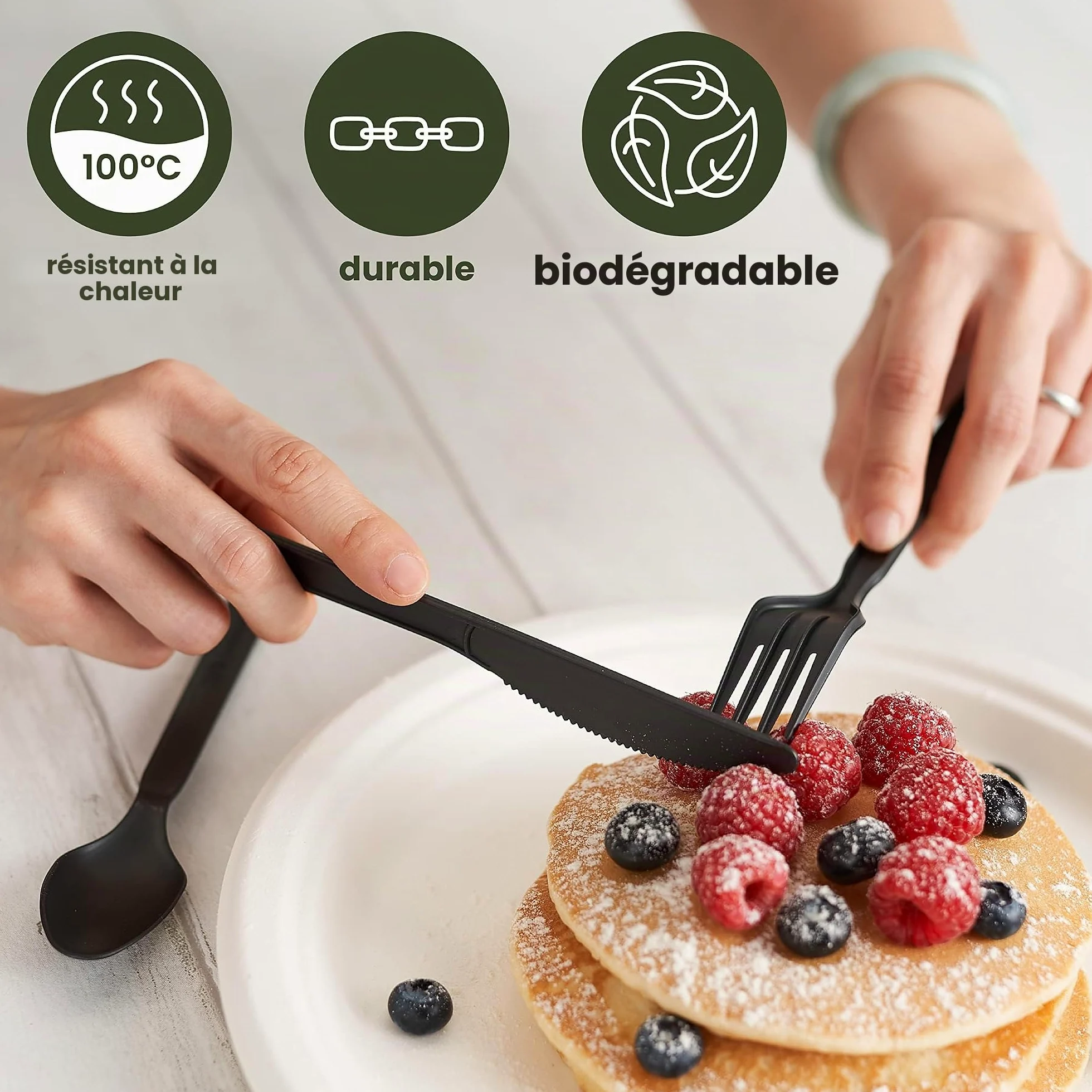 HAAGO 180 Couverts Réutilisables en PLA Noir 18 cm / 7" (60 Fourchettes, 60 Couteaux, 60 Cuillères) – 100% Naturel, Lavables, Compostables, Solides – Pour Repas, Fêtes, BBQ, Buffet, Traiteur